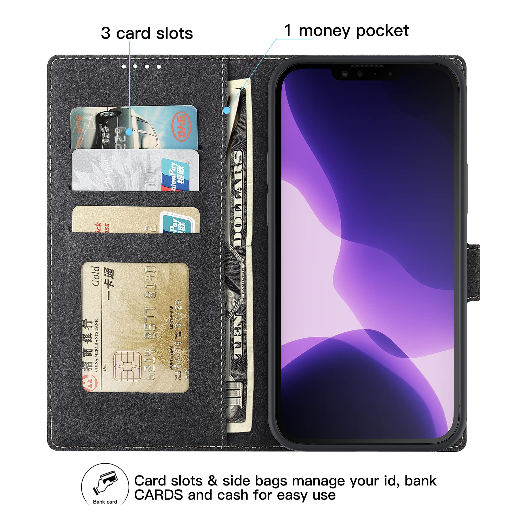 Feitenn iPhone 13 Case 6.1 Inch (2021) - Premium PU Leather Slim Folio Cover with Hard Plastic Bumper | Shockproof & Durable Protective Case for iPhone 13 | Perfect for Work, Travel & Everyday Use (Black)