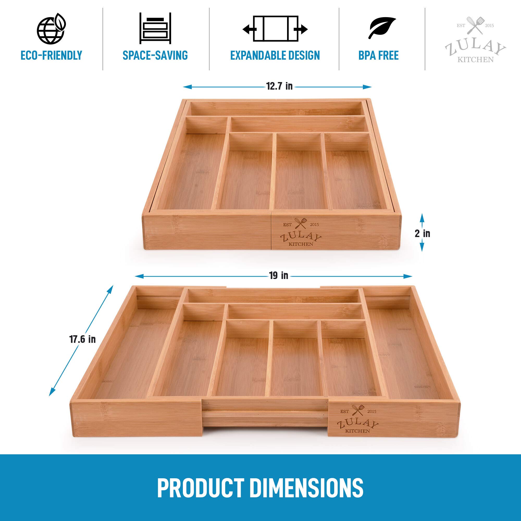Zulay Expandable Bamboo Drawer Organizer - Adjustable Kitchen Utensil Tray for Silverware, Knives, Flatware Storage - Perfect for Kitchen Drawers, Office Supplies, and Craft Organization