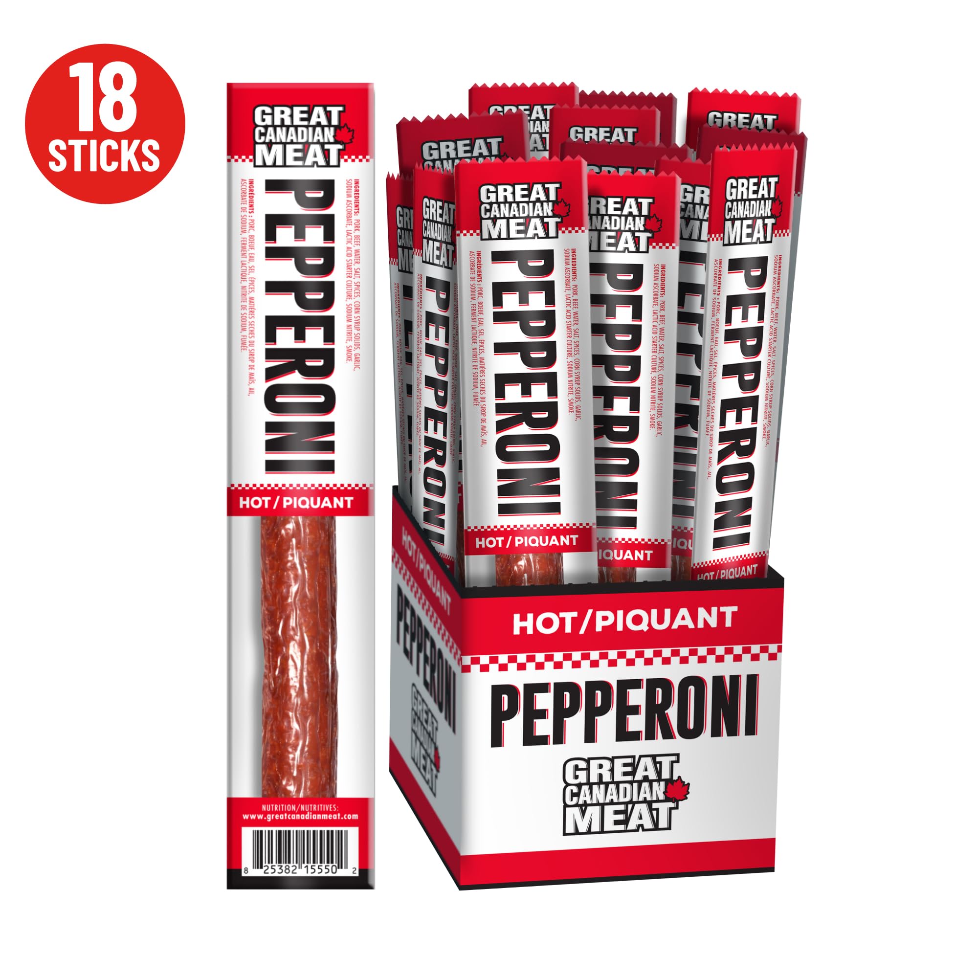 Great Canadian Meat Hot Pepperoni Sticks Box - 18 Sticks x 22g | Gluten Free, High Protein Meat Snacks for Carnivores | Perfect for On-the-Go Snacking, Camping, Hiking & Road Trips