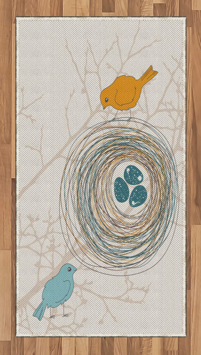 Ambesonne Birds Area Rug - Heartwarming Parent Birds Watching Eggs in Nest Design, Non-Slip Flat Woven Accent Rug 2.6' x 5' in Yellow & Blue - Perfect for Living Room, Bedroom, Nursery Decor & Cozy Home Accents