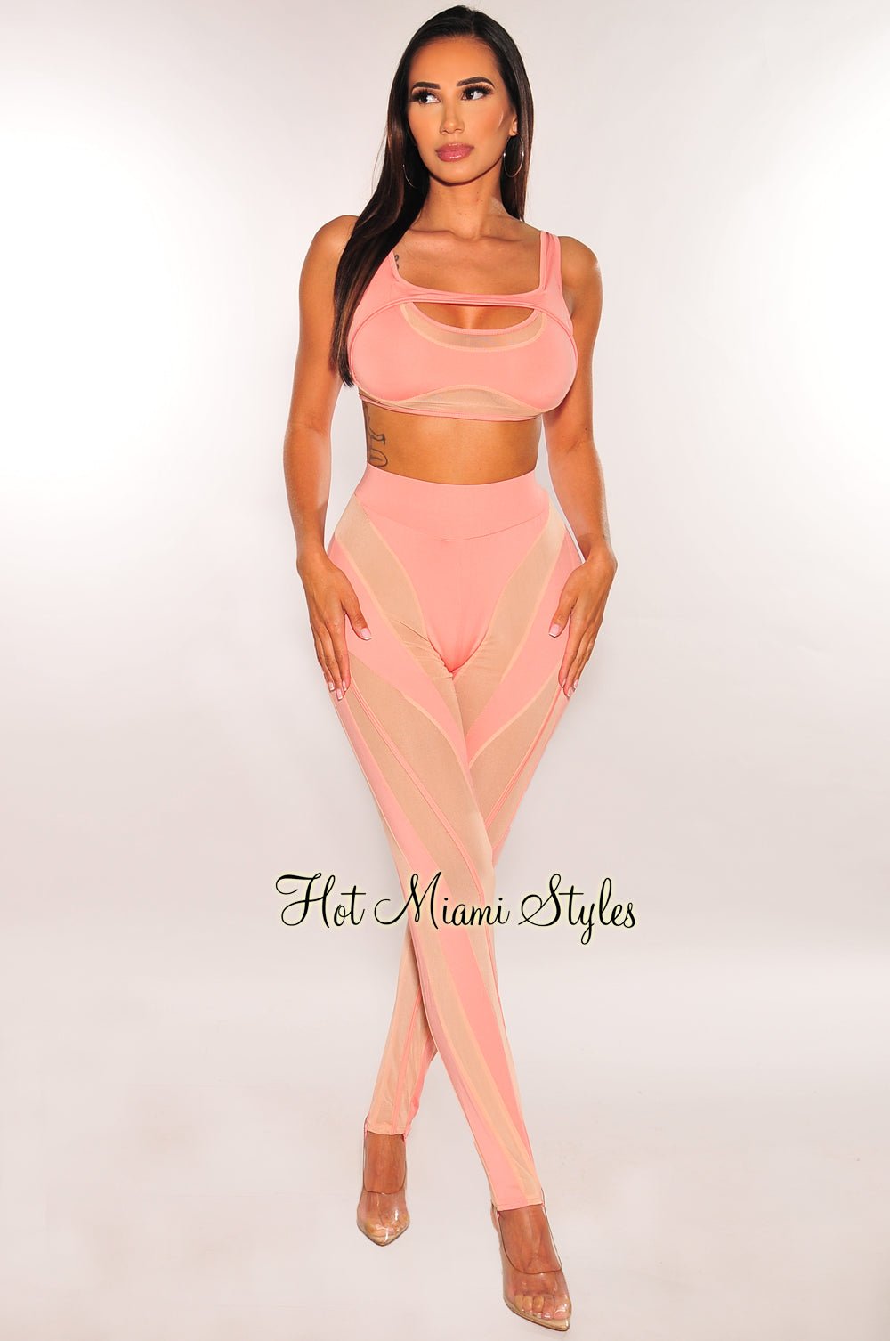 Blush Nude Illusion Sleeveless Stirrup Pants Two Piece Set - Women's Sexy Workout & Yoga Outfit for Gym, Dance, and Casual Wear