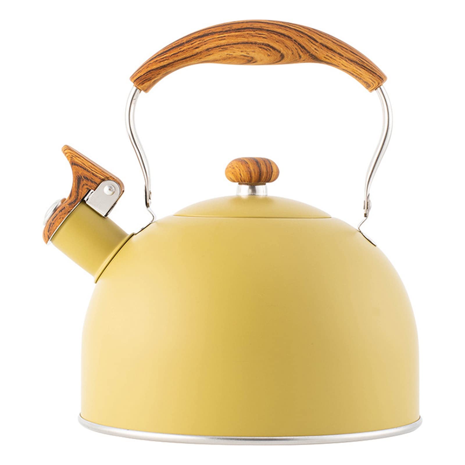 2.5L Stainless Steel Whistling Tea Kettle with Foldable Wood Handle - Yellow Stovetop Teapot for Gas & Induction Hobs - Perfect for Home, Office & Camping Tea Brewing