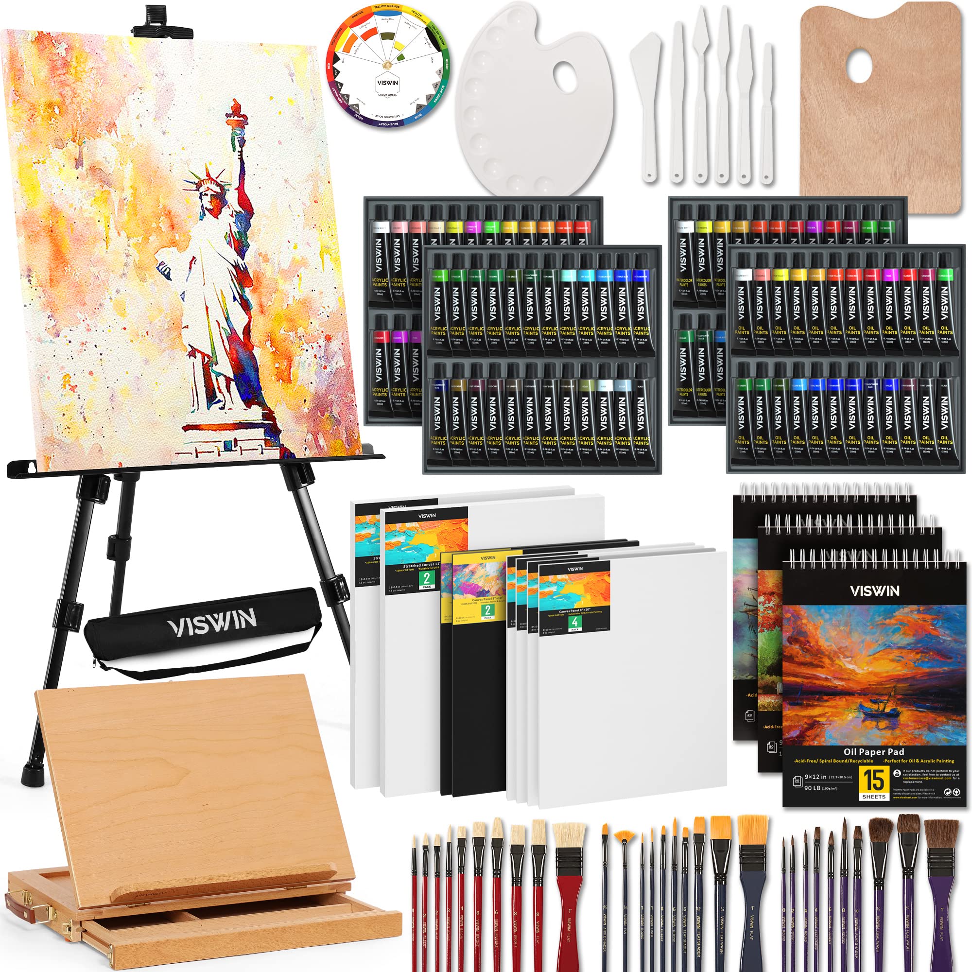 VISWIN Complete Art Painting Set with Aluminum & Beech Wood Easel - 96 Colors Acrylic, Watercolor & Oil Paints - Includes Canvases & Full Art Supplies for Adults, Students & Beginners - Perfect for Home Studio, Classroom & Professional Artist Workspaces