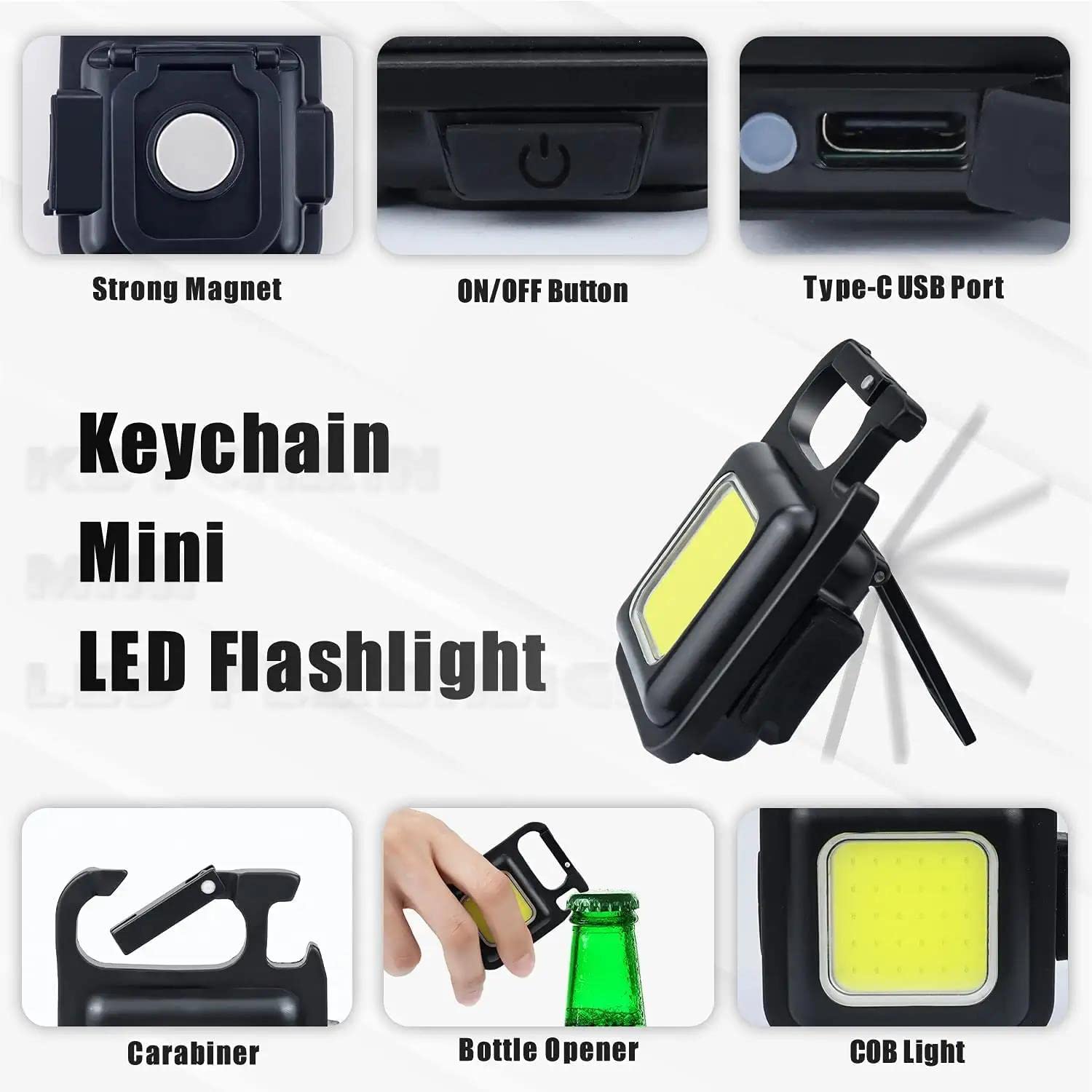 **Palawaik Cob Keychain Flashlight - 4 Light Modes, Folding Bracket, Bottle Opener & Magnetic Base - Mini LED Work Light for Fishing, Walking, Camping, Hiking & Emergency Use (1 Pack, ABS)**