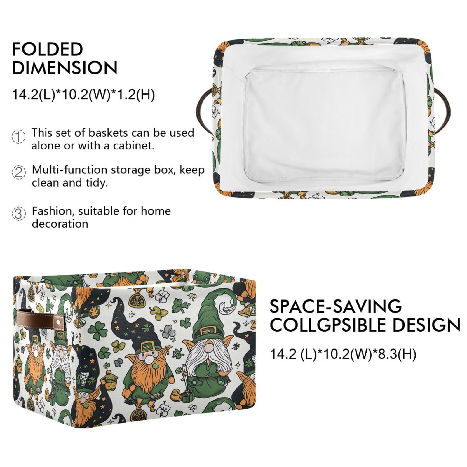 Qilmy St. Patrick's Day Gnome Storage Basket 2 Pack - Collapsible Canvas Rectangular Bin with Leather Handles for Closet, Office, Nursery | Perfect for Holiday Decor & Home Organization