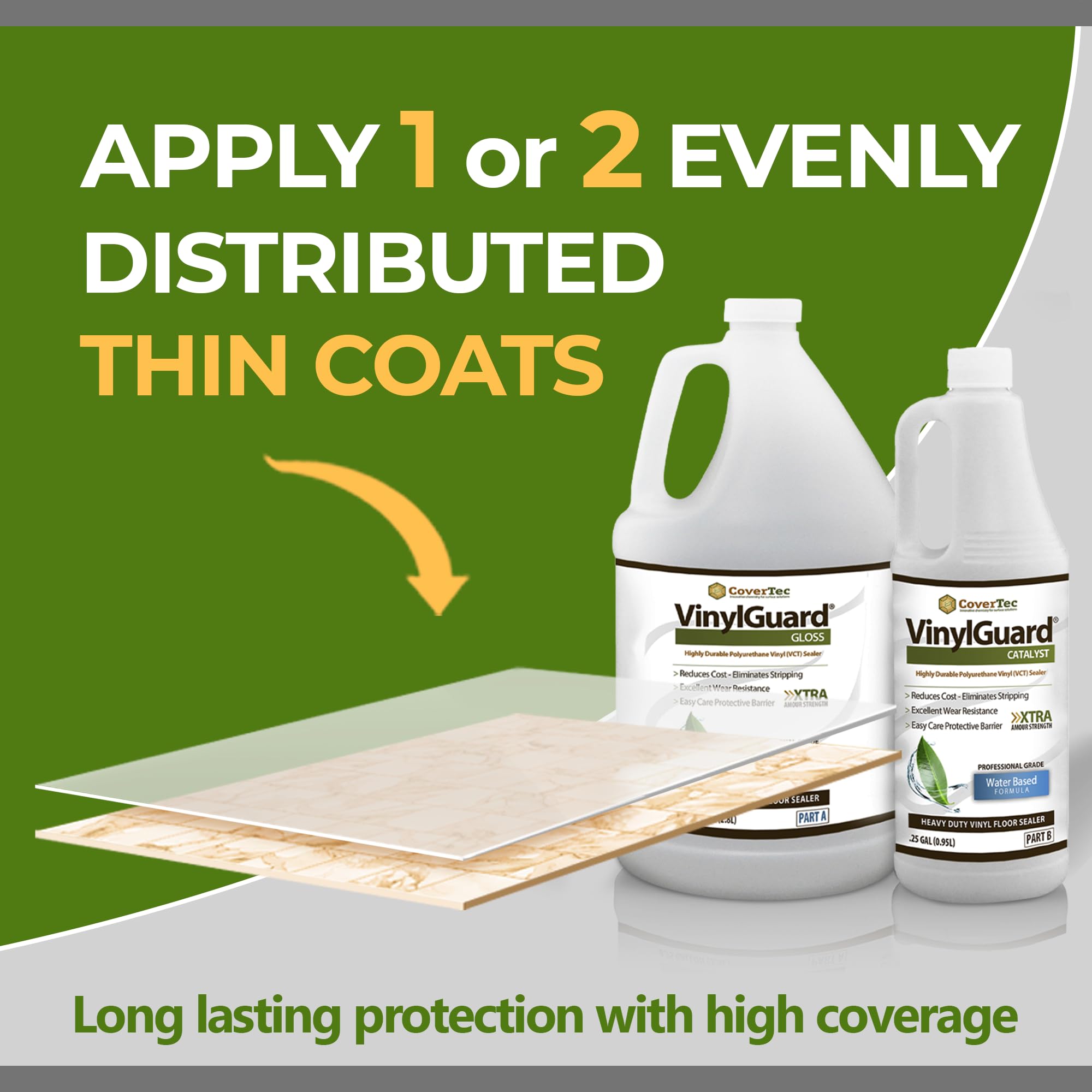 VinylGuard® WB Polyurethane Gloss Vinyl Floor Sealer - Professional Grade 2-Part Kit (1 Gallon) for LVT Tile, Terrazzo & Rubber Floors - Perfect for High-Traffic Commercial Spaces & Home Floor Protection