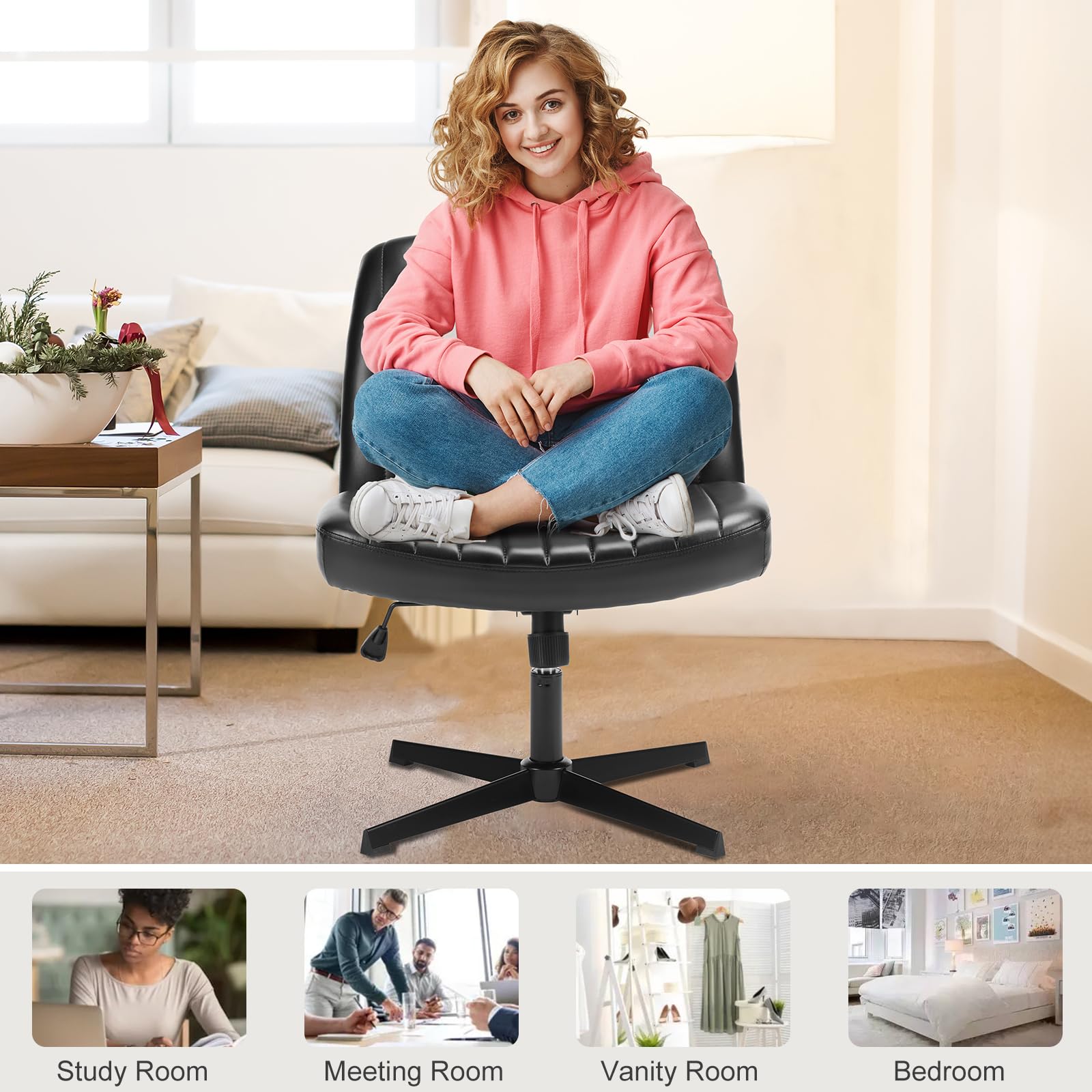 Sweetcrispy Cross Legged Office Chair - Armless Wide Desk Chair Without Wheels, Adjustable Swivel Home & Vanity Chair for Small Spaces | Perfect for Home Office, Study Room & Dressing Table