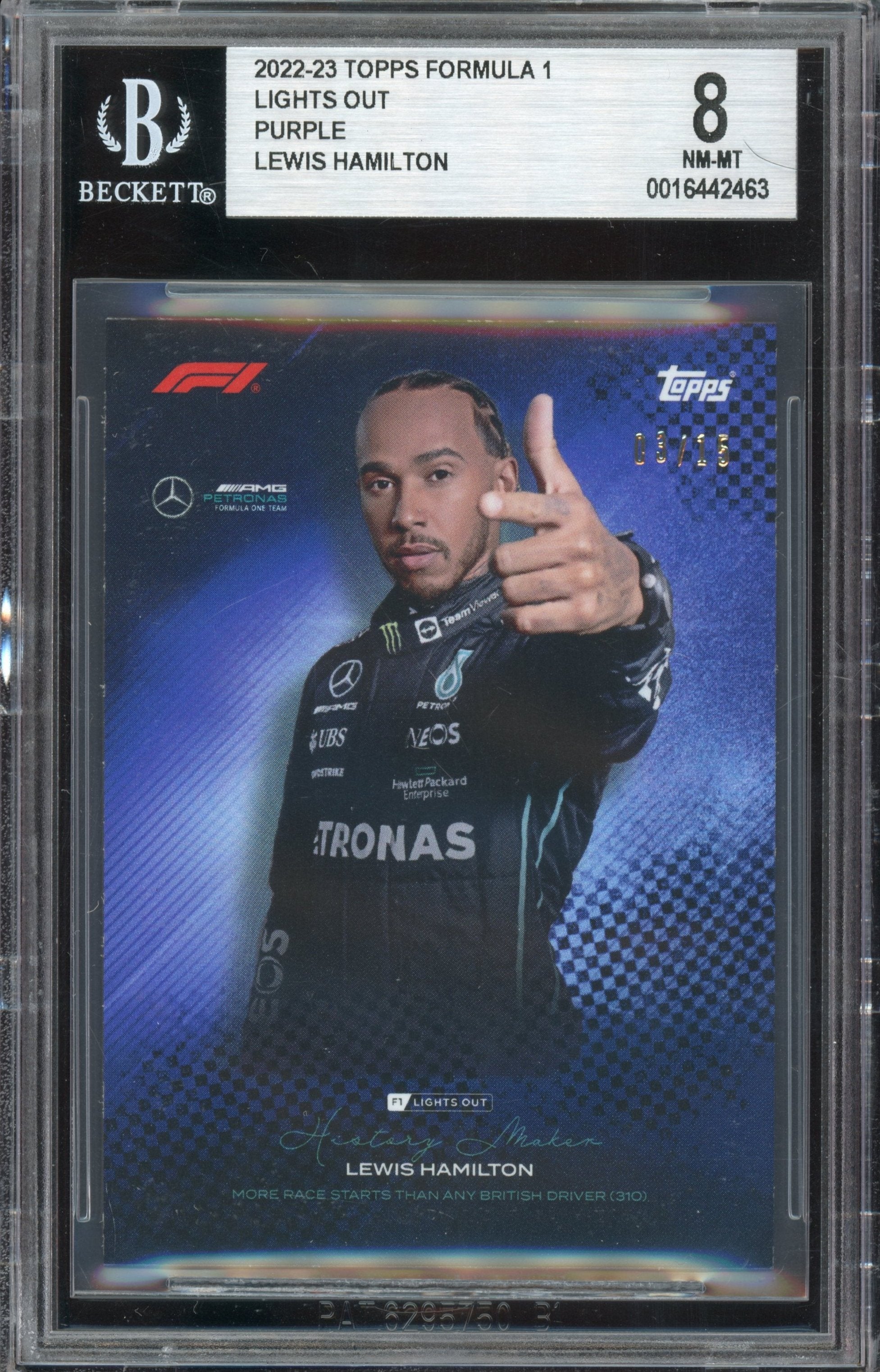 BSG 8/15 Lewis Hamilton History Maker Purple 2022 Topps Lights Out F1 Formula 1 Trading Card - Perfect for F1 Collectors, Sports Memorabilia Enthusiasts & Hamilton Fans