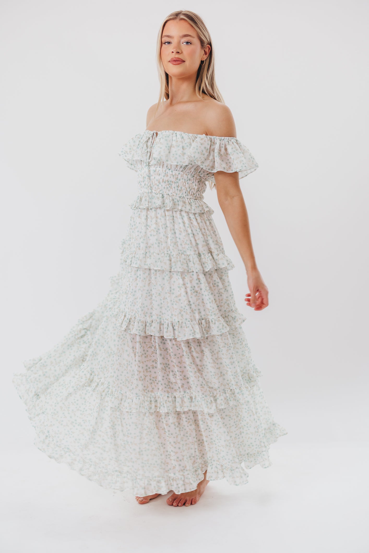 Astrid Ruffle Detail Maxi Dress in Sage Floral - Bump Friendly Maternity Dress for Pregnancy, Nursing & Special Occasions | Flowy Summer Dress for Beach, Wedding & Vacation