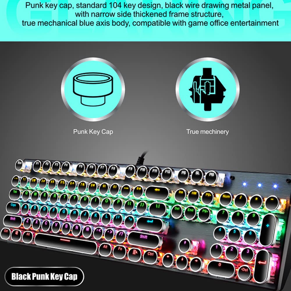 Hisxus Retro Punk Mechanical Gaming Keyboard - 104 Keys with Blue Switches, 9 RGB Backlight Modes & Round Keycaps - Compatible with Windows/Mac/PC - Perfect for Typing, Gaming & Office Work
