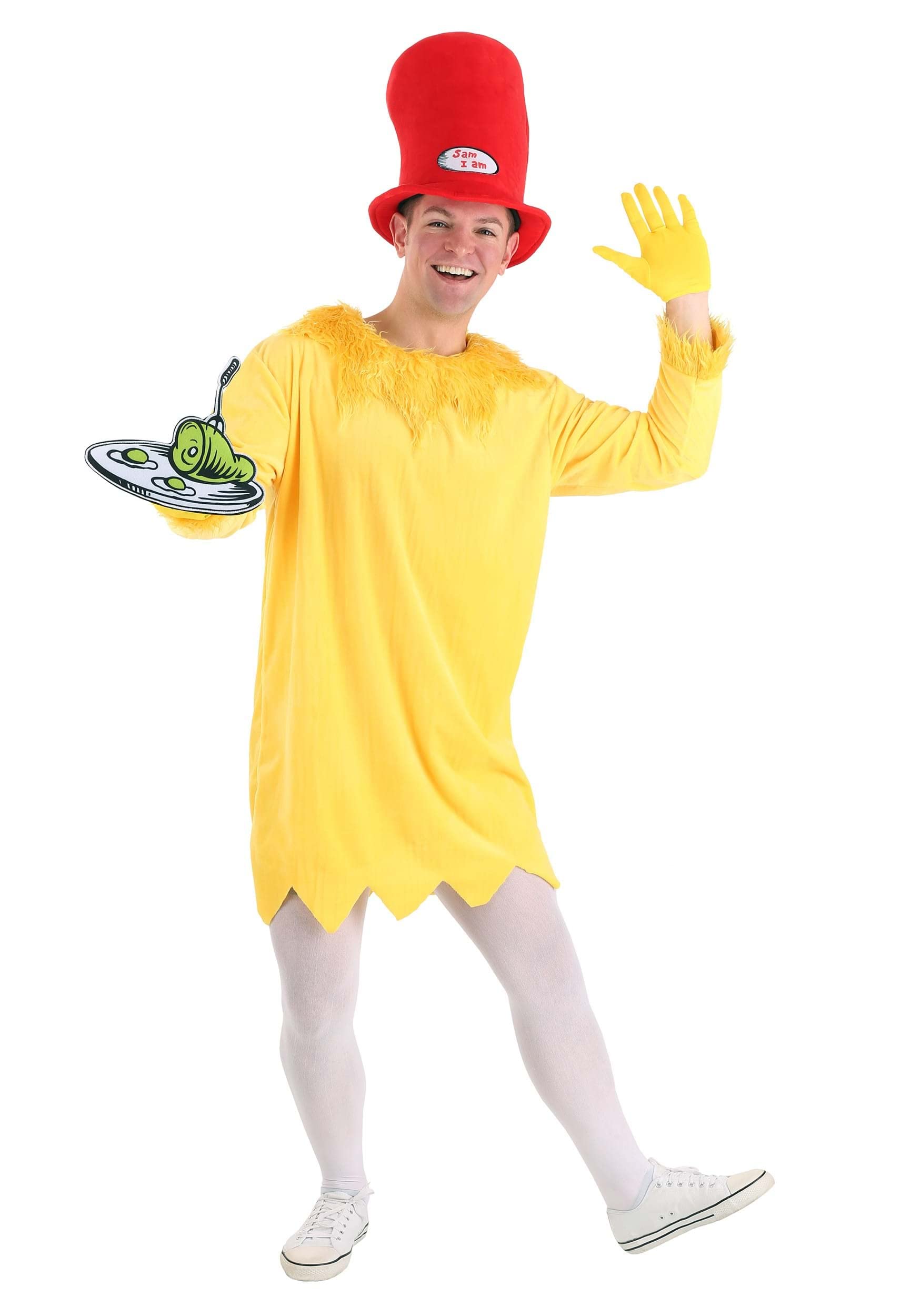 Dr. Seuss Sam I Am Officially Licensed Adult Costume - Velour Tunic, Adjustable Hat, Faux Fur Collar & Felt Tray for Halloween, Cosplay & Book-Themed Parties