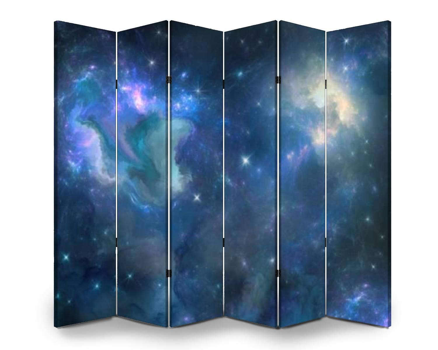 APED DECOR 6-Panel Wooden Room Divider with Multicolored Nebula Print - Folding Privacy Screen, Dual-Sided Canvas Partition for Bedroom, Office & Living Room Decor | Indoor Space Divider & Decorative Display Shelves