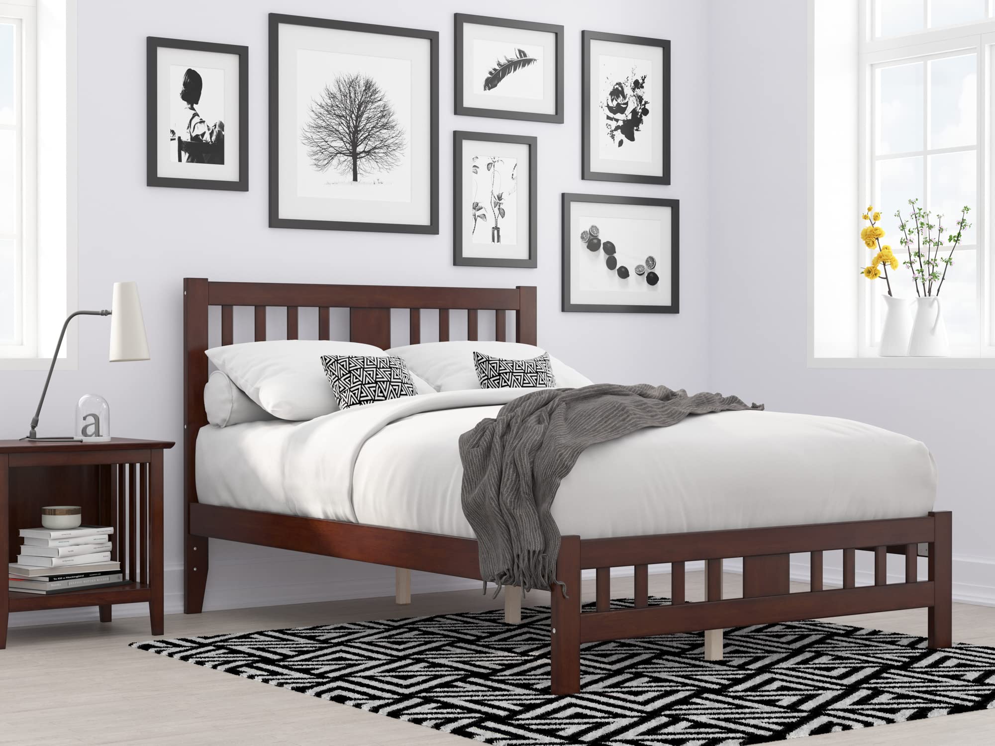 AFI Tahoe Full Size Platform Bed with Footboard & USB Charging Station - Solid Walnut Wood Frame - Modern Bedroom Furniture for Small Spaces & Guest Rooms