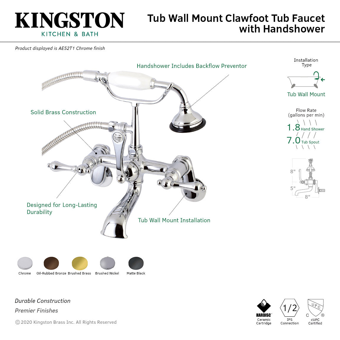 Vintage AE51T5 Oil Rubbed Bronze 3-Handle Wall Mount Clawfoot Tub Faucet with Hand Shower - Perfect for Bathroom Renovation & Antique Style Decor