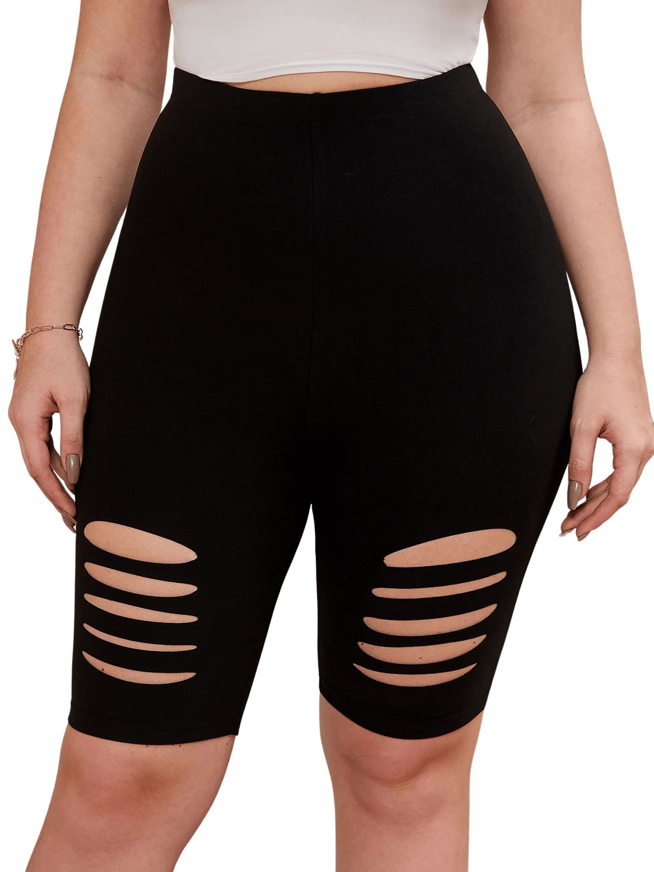 SOLY HUX Women's Plus Size Ripped High Waisted Yoga Shorts - Stretchy Workout Running Biker Shorts for Women, Comfortable Elastic Waistband - Perfect for Gym, Yoga, Cycling & Lounge Wear
