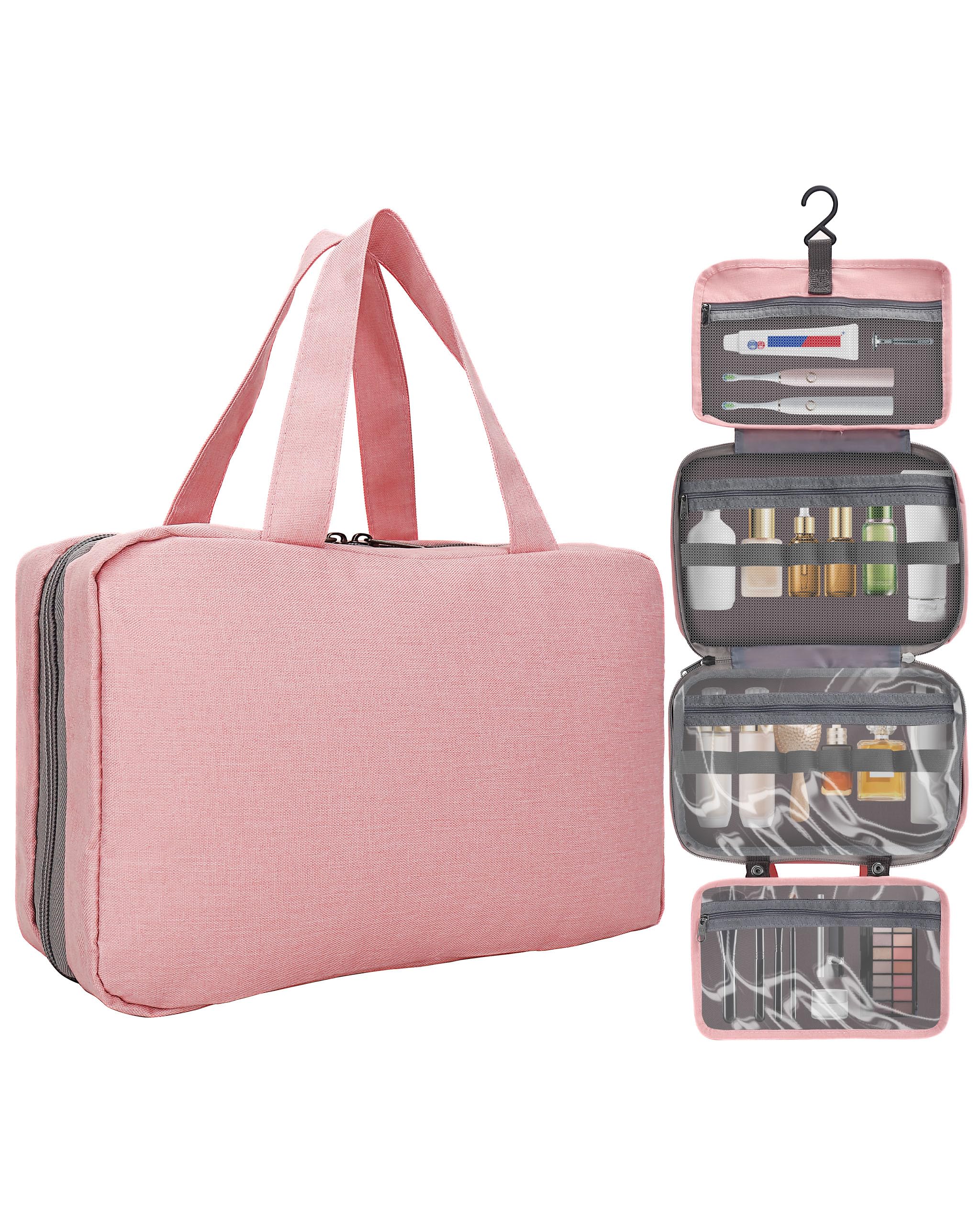Hanging Travel Toiletry Bag - Large 3-in-1 Waterproof Cosmetic Organizer for Women & Men | Portable Makeup Bag with Hook for Shampoo, Full-Size Toiletries | Perfect for Vacation, Camping & Business Trips (Pink)