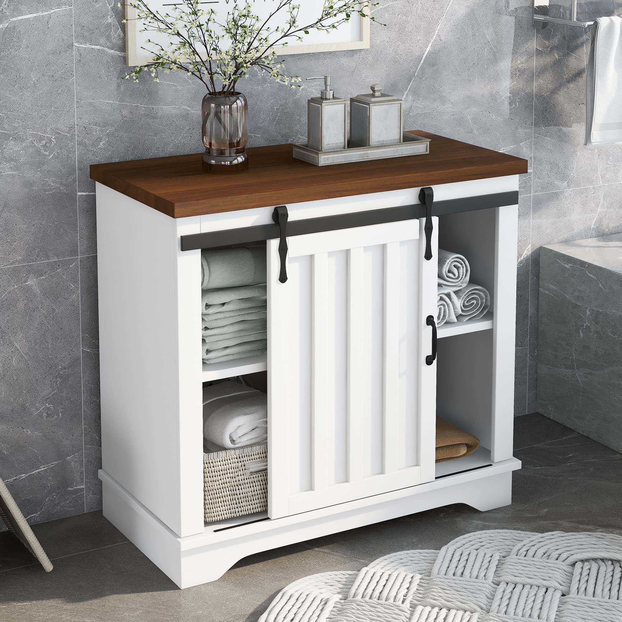 Rustic Farmhouse Storage Cabinet with Sliding Barn Door - for Living Room, Kitchen, Home Office