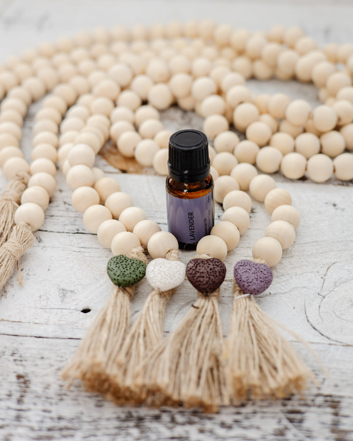 Handmade Wood Bead Garland with Lava Heart - Boho Home Decor for Wall, Shelf & Wedding - Natural Wood & Stone Bead String for Rustic, Farmhouse & Bohemian Style