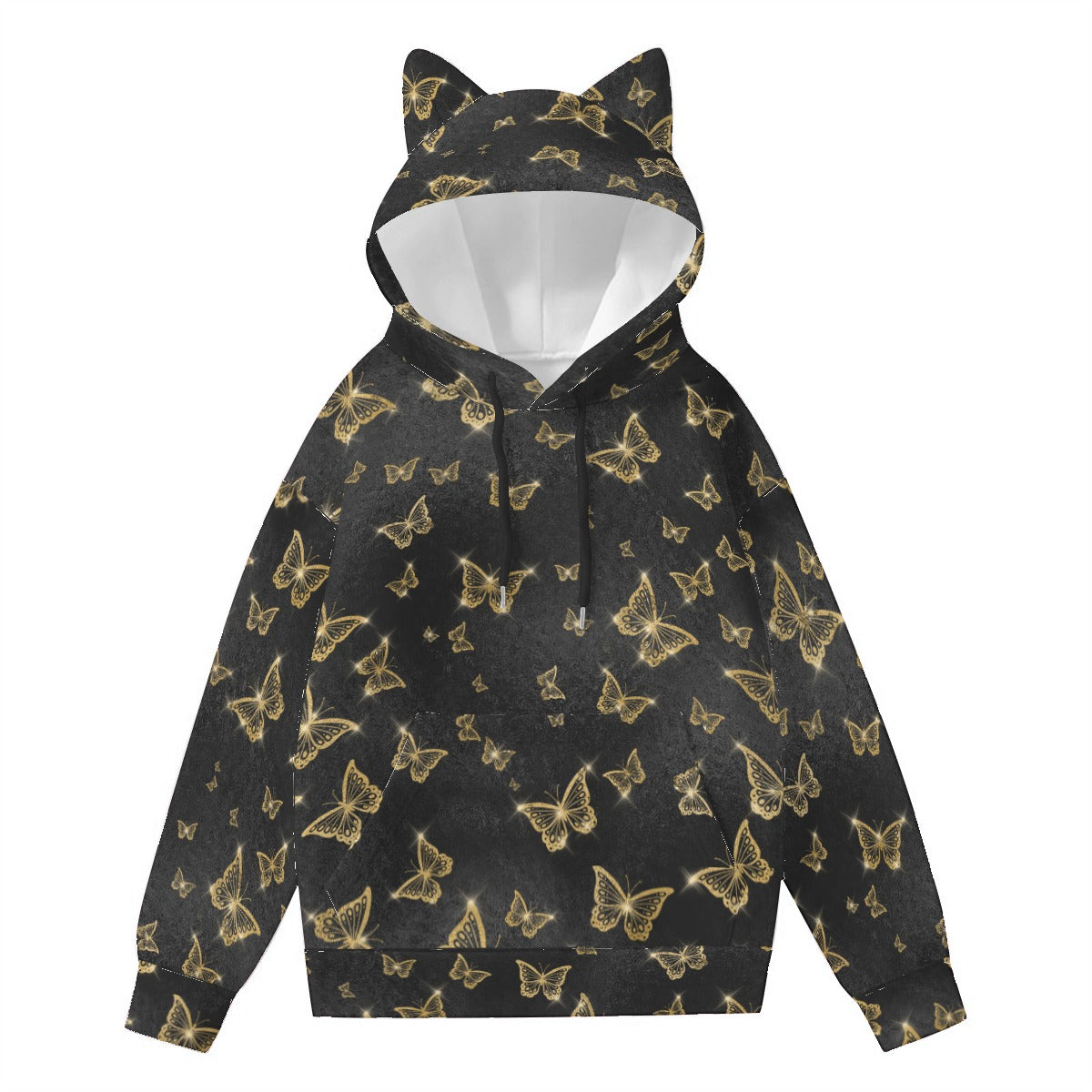 Golden Butterflies Hoodie With Cat Ears - Cute Kawaii Women's Pullover Sweatshirt for Cosplay, Anime Conventions & Casual Streetwear