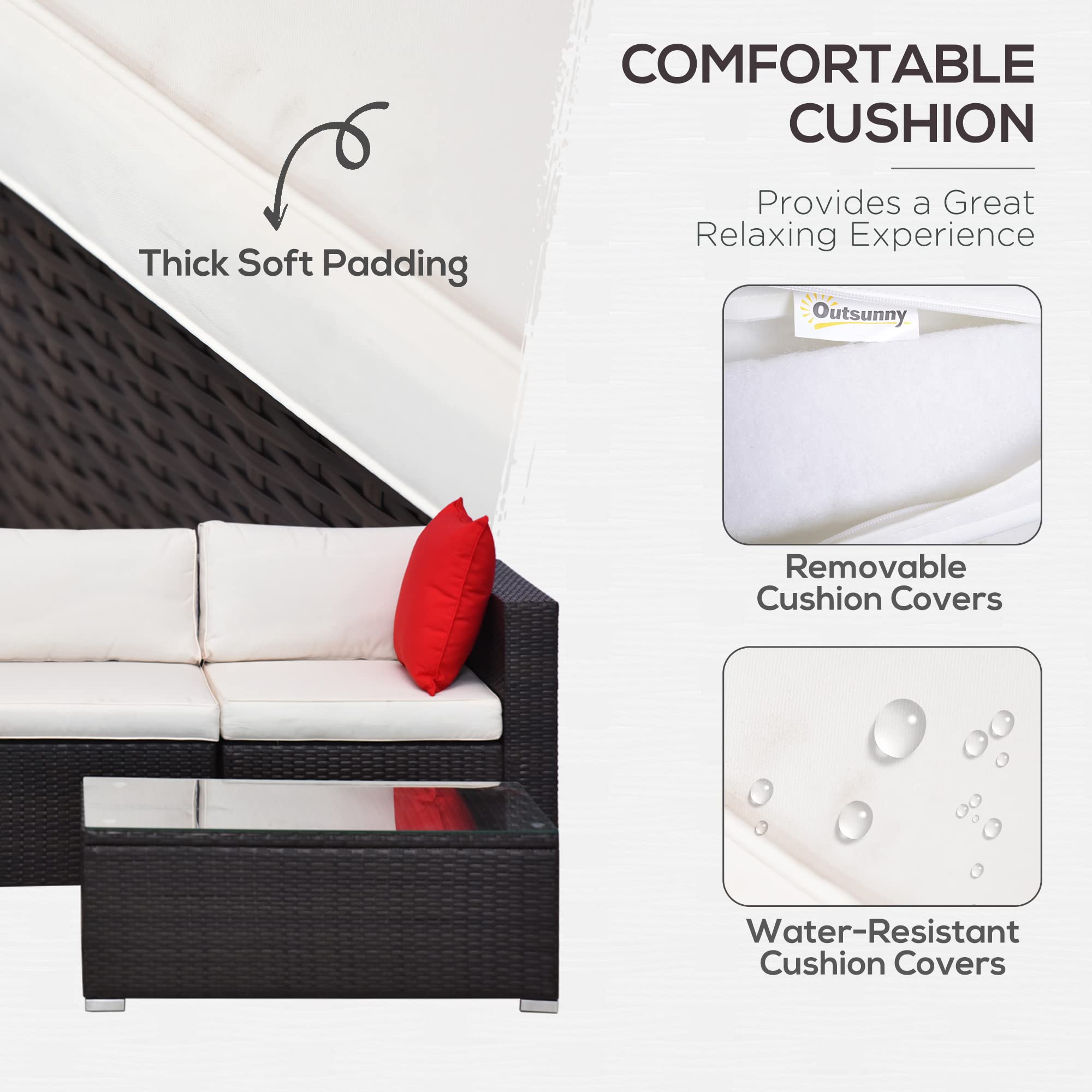Outsunny 5-Piece Patio Furniture Set with Cushions & Glass Coffee Table - PE Rattan Wicker Sectional Sofa Set with Pillows for Garden, Backyard, Poolside (Brown/Cream White) - Perfect for Outdoor Relaxation & Entertaining