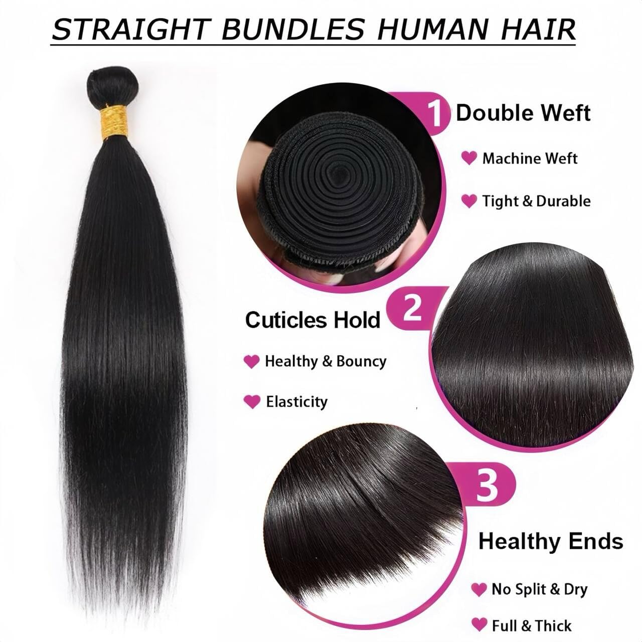 100% Unprocessed Brazilian Virgin Human Hair Bundles - Straight 18 20 22 24 Inches Natural Color for Women | Perfect for Weaves, Extensions & Styling
