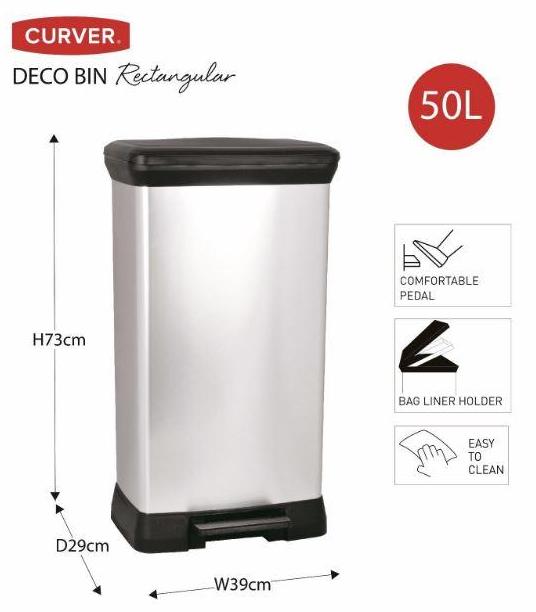 50L Rectangle Deco Pedal Bin - Stainless Steel Trash Can with Foot Pedal for Kitchen, Bathroom & Office - Modern Waste Bin for Home & Office Use