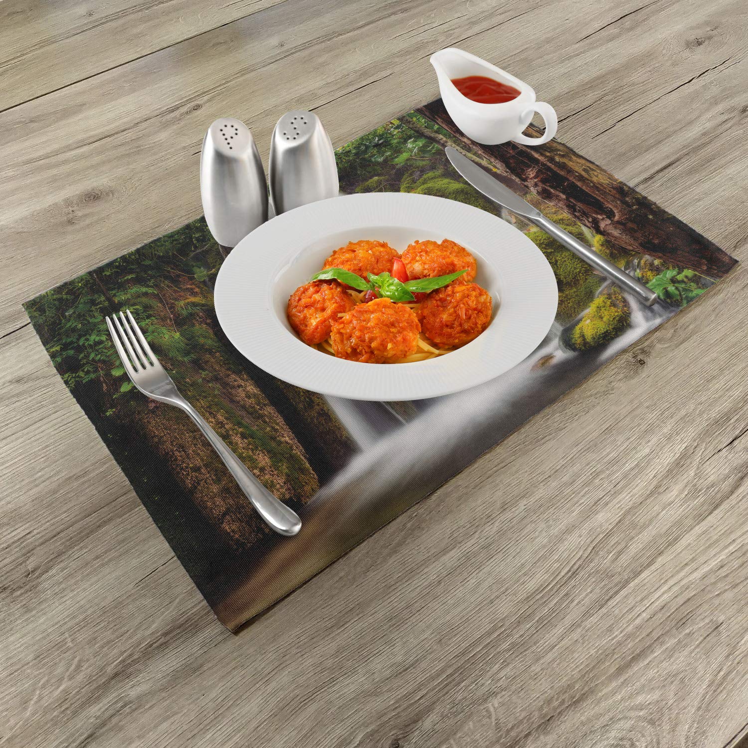 Ambesonne Waterfall Place Mats Set of 4 - Scenic Forest Cliff Waterfall Design, Washable Fabric Table Mats for Dining Room & Kitchen Decor (White & Green) - Perfect for Dinner Parties, Holiday Gatherings & Everyday Meals