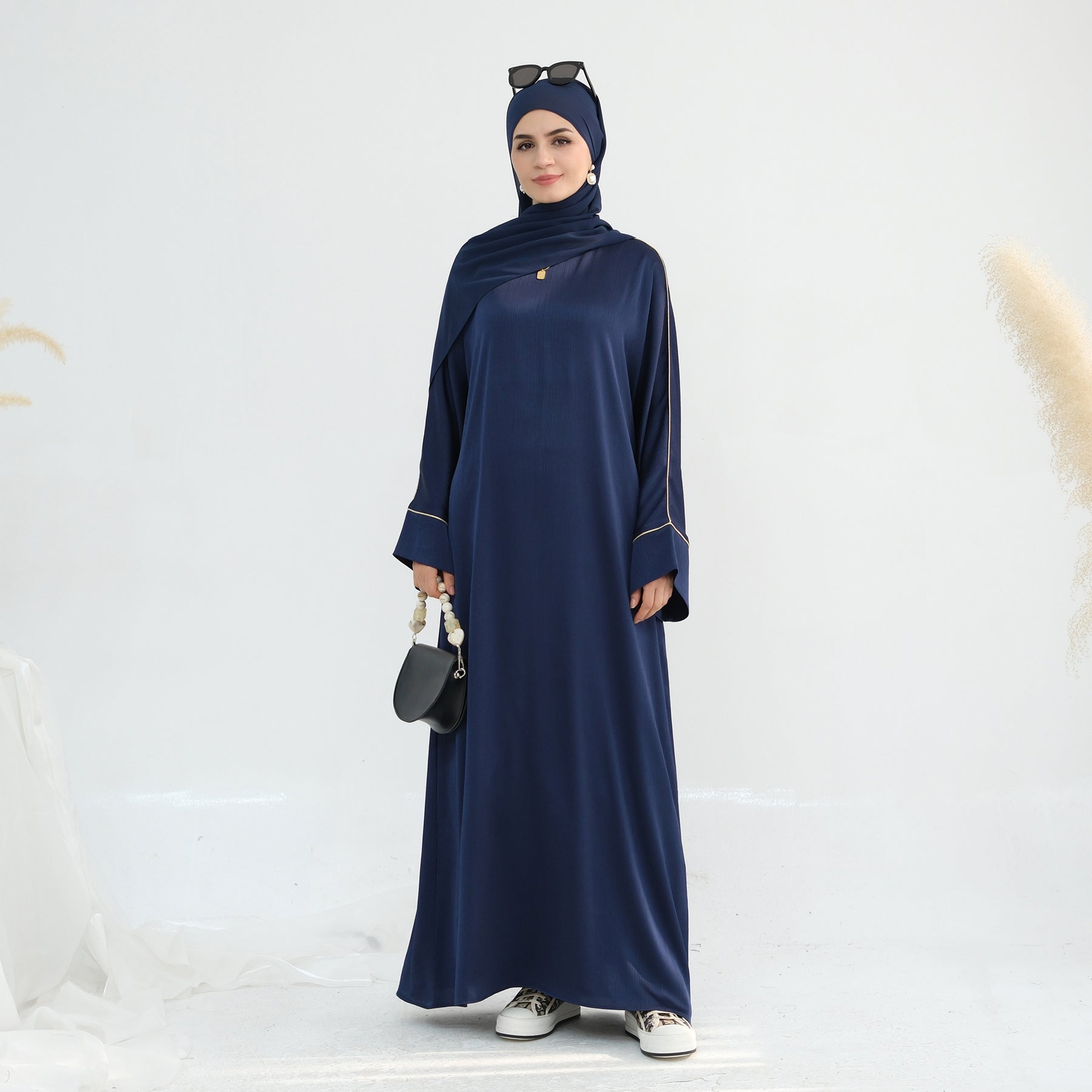 Stylish Ayana Textured Piping Detail Abaya Dress in Blue - Perfect for Modest Fashion, Prayer Outfits & Special Occasions