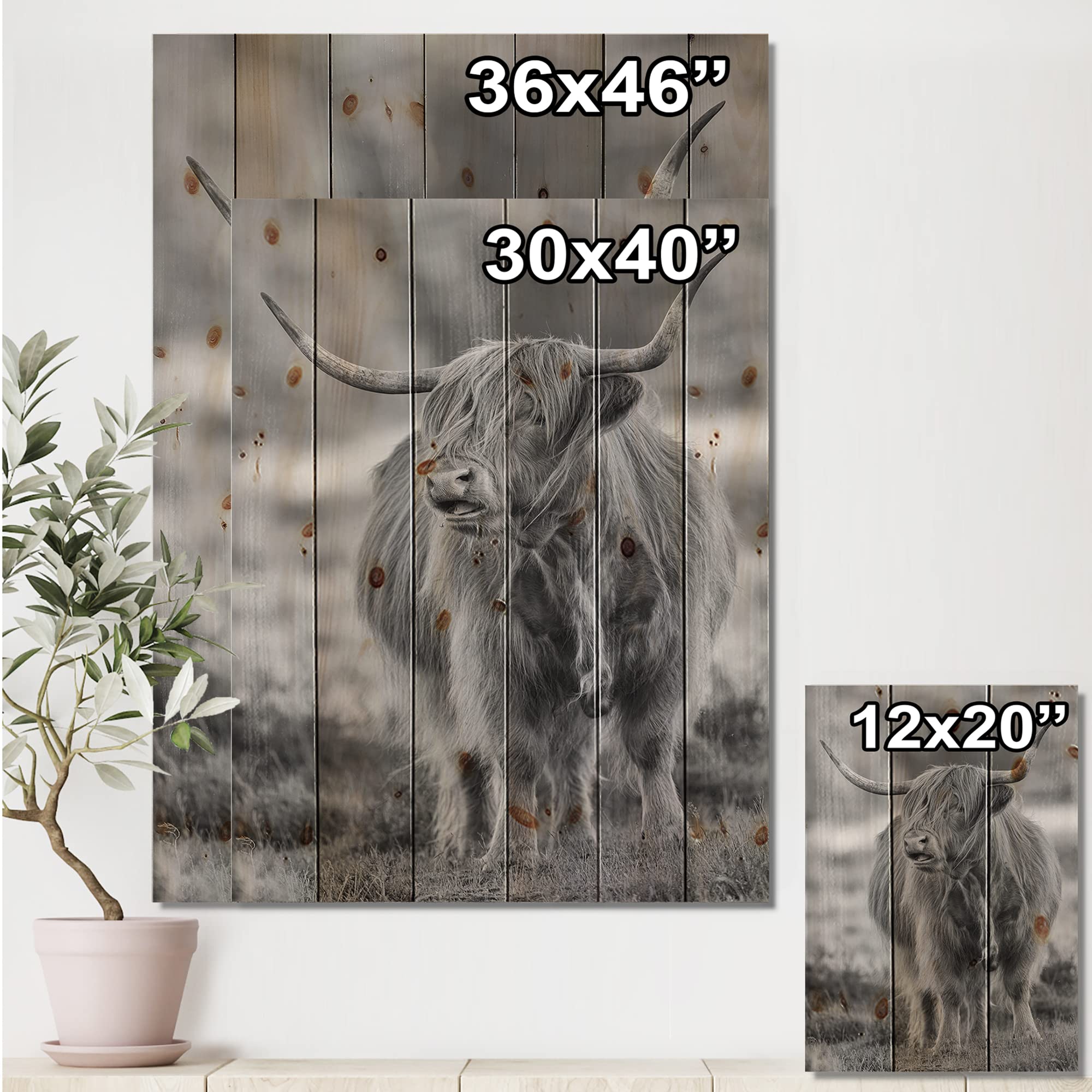 DesignQ Bull Farmhouse Wood Wall Decor - Grey Wood Wall Art with Large Animal Print on Natural Pine Wood - Perfect for Rustic Home, Cabin, or Western-Themed Room Decor