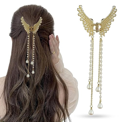 Syorica Pearl Elegant Tassel Butterfly Hair Clips - Shiny Metal Hair Claws & Pins for Women & Girls | Wedding, Party & Daily Styling Accessories