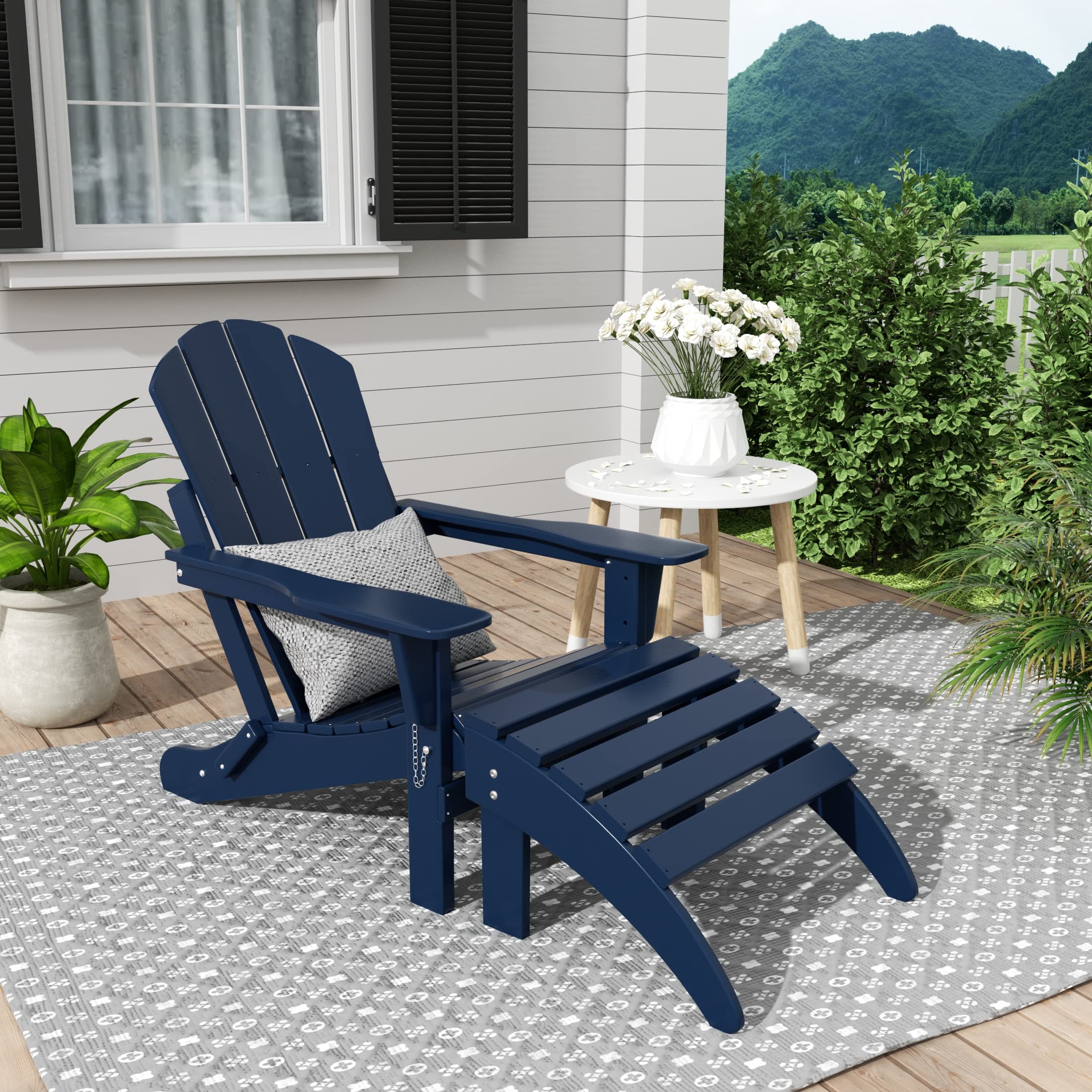 WestinTrends Malibu 2-Piece Outdoor Lounge Chair Set with Ottoman - All-Weather Poly Lumber Adirondack Patio Chairs for Poolside, Garden, Backyard & Beach Relaxation - Navy Blue Folding Chairs for Comfortable Outdoor Seating