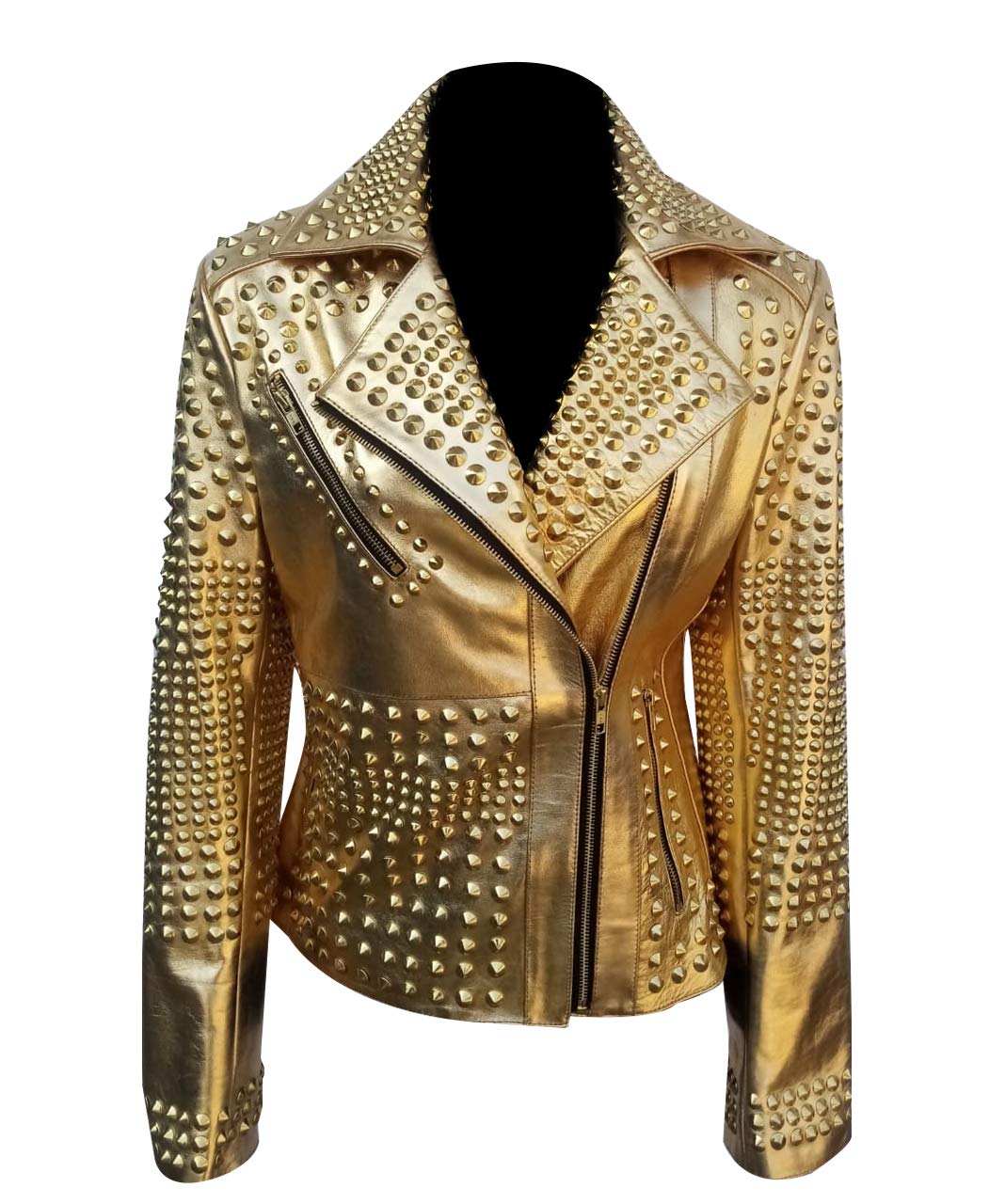 LP-FACON Women's Studded Rock Punk Spikes Motorcycle Jacket - Metallic Brando Biker Leather Jacket for Women | Perfect for Motorcycle Riding, Concerts & Punk Fashion Outfits