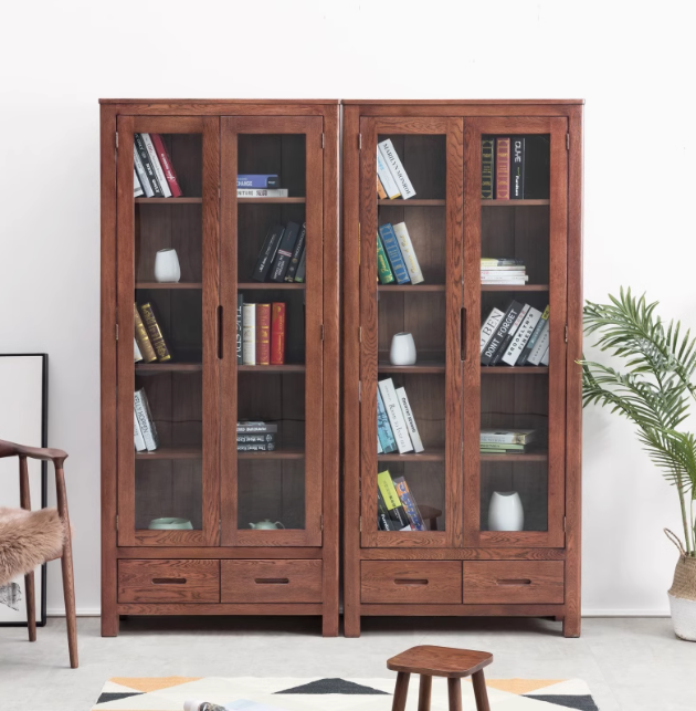 Oak Solid Wood Nordic Bookcase with Glass Door - Modern Bookshelf for Living Room, Office & Study - Perfect for Home Decor & Storage