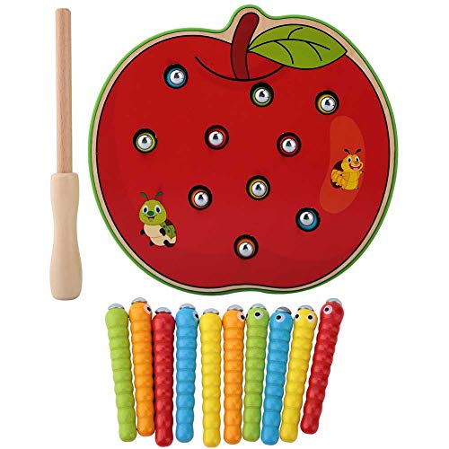 Capture Worm Magnetic Wooden Toy - Educational STEM Toy for Kids with Bright Colors | Perfect for Preschool Learning, Birthday Parties & Boys' Gift (Apple Crawler Design)