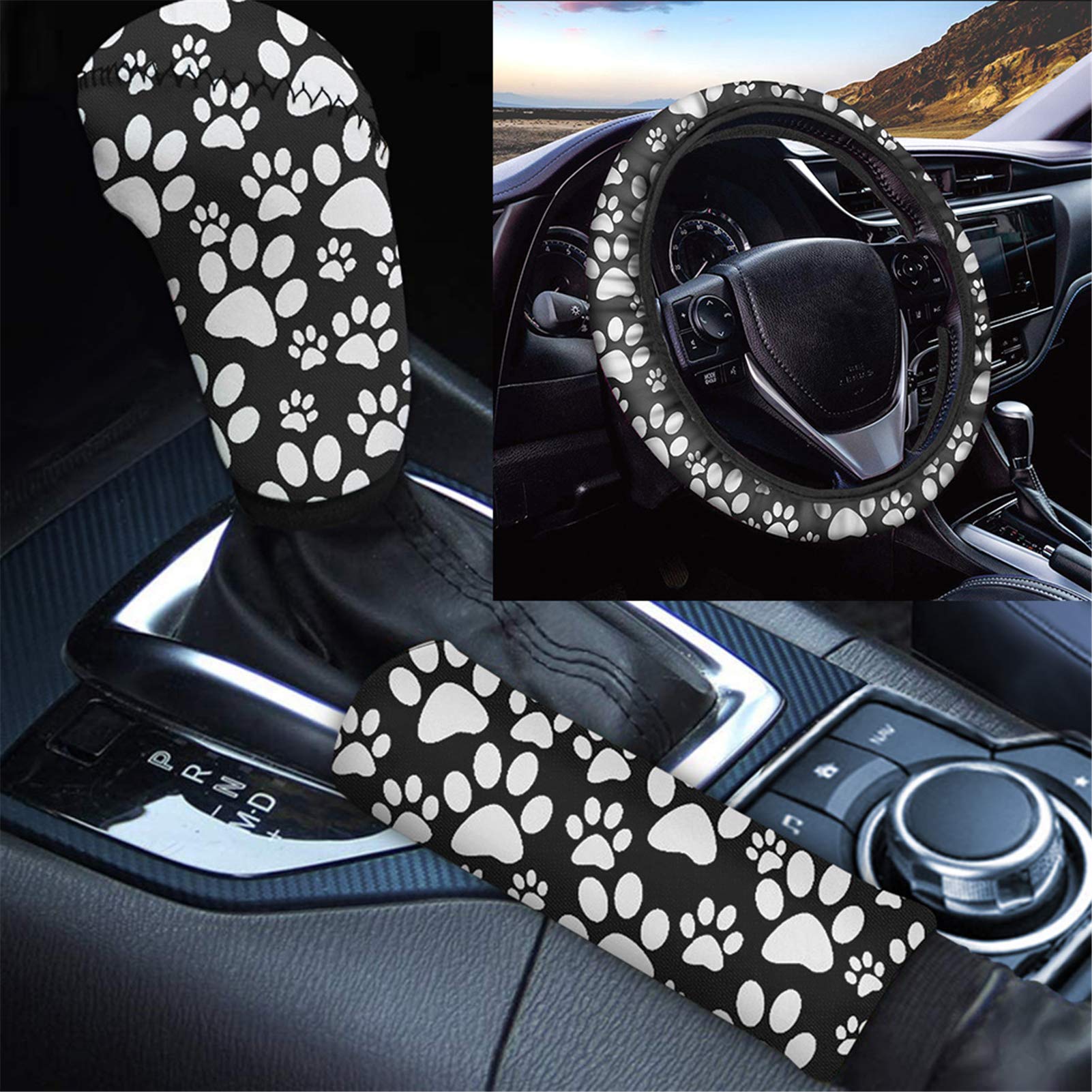 JOAIFO 3-Piece Non-Slip Car Steering Wheel Cover Set with Cute White Puppy Paw Print - Universal Fit for Most Vehicles, Includes Handbrake Cover & Gear Shift Cover - Easy Installation for Safe Driving & Stylish Interior Upgrade