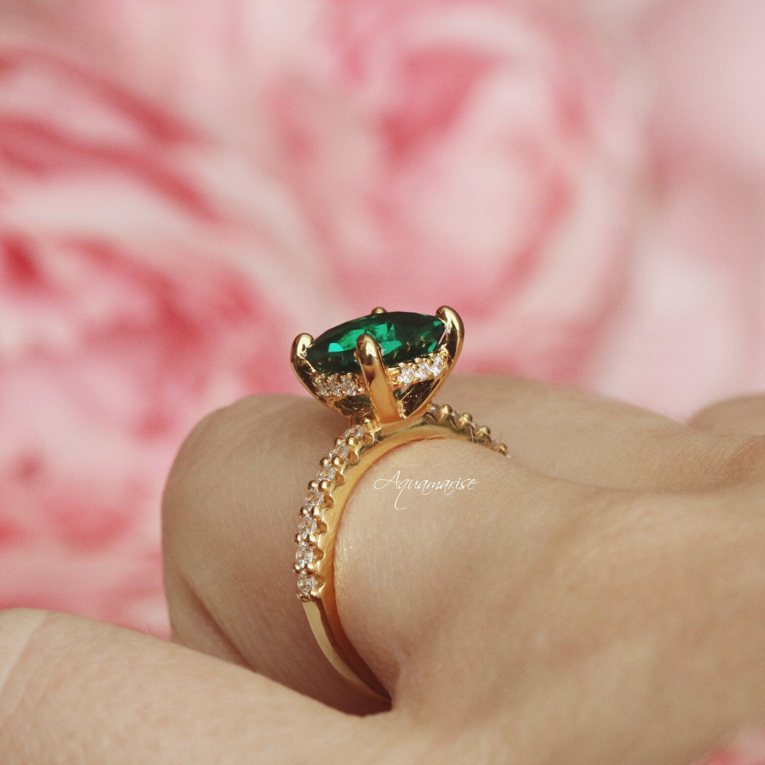 Emerald Hidden Halo Engagement Ring - 18K Yellow Gold Vermeil Wedding Band for Women, Perfect for Proposals, Anniversaries & Special Occasions
