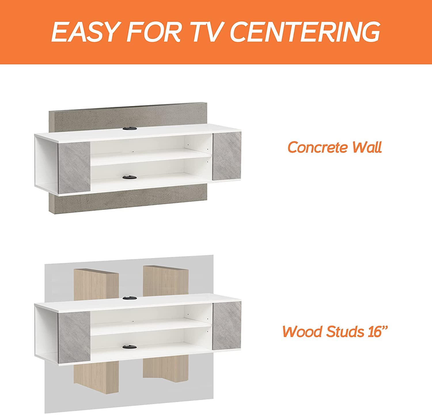 WAMPAT Floating TV Stand with Yellow LED Lights for 32/43/55 inch TVs - Wall Mounted Entertainment Center, Wooden TV Cabinet with Storage Shelf for Living Room (Grey & White) - Perfect for Modern Home Theater Setup & Space-Saving Media Organization