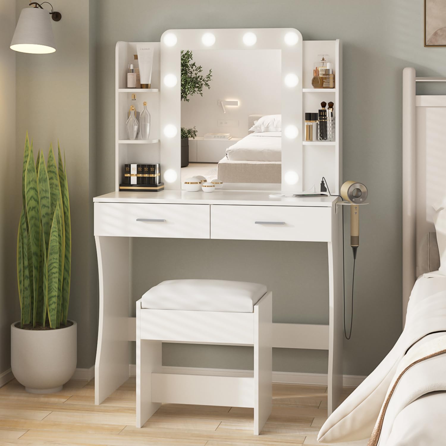Vanity Desk with LED Lights & Power Strip - White Makeup Dressing Table Set with 2 Large Drawers & 3-Color Adjustable Mirror | Perfect for Bedroom, Beauty Salon & Home Decor