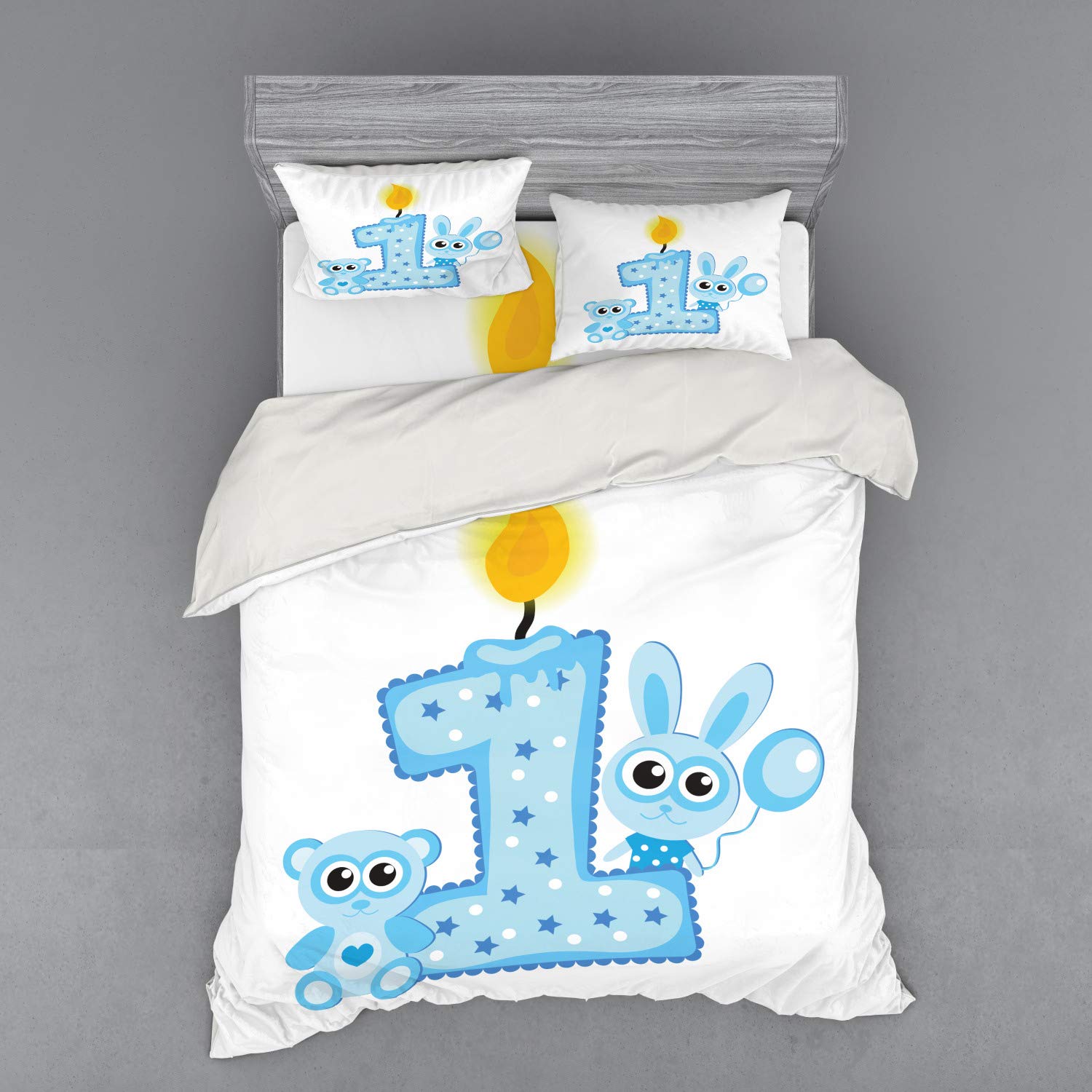 Ambesonne 1st Birthday Bedding Set - Cute Cake & Candle Rabbit Bear Animal Print 3-Piece Duvet Cover with Sham & Fitted Sheet, Queen Size Pale Blue - Perfect for Baby's First Birthday Party & Nursery Decor