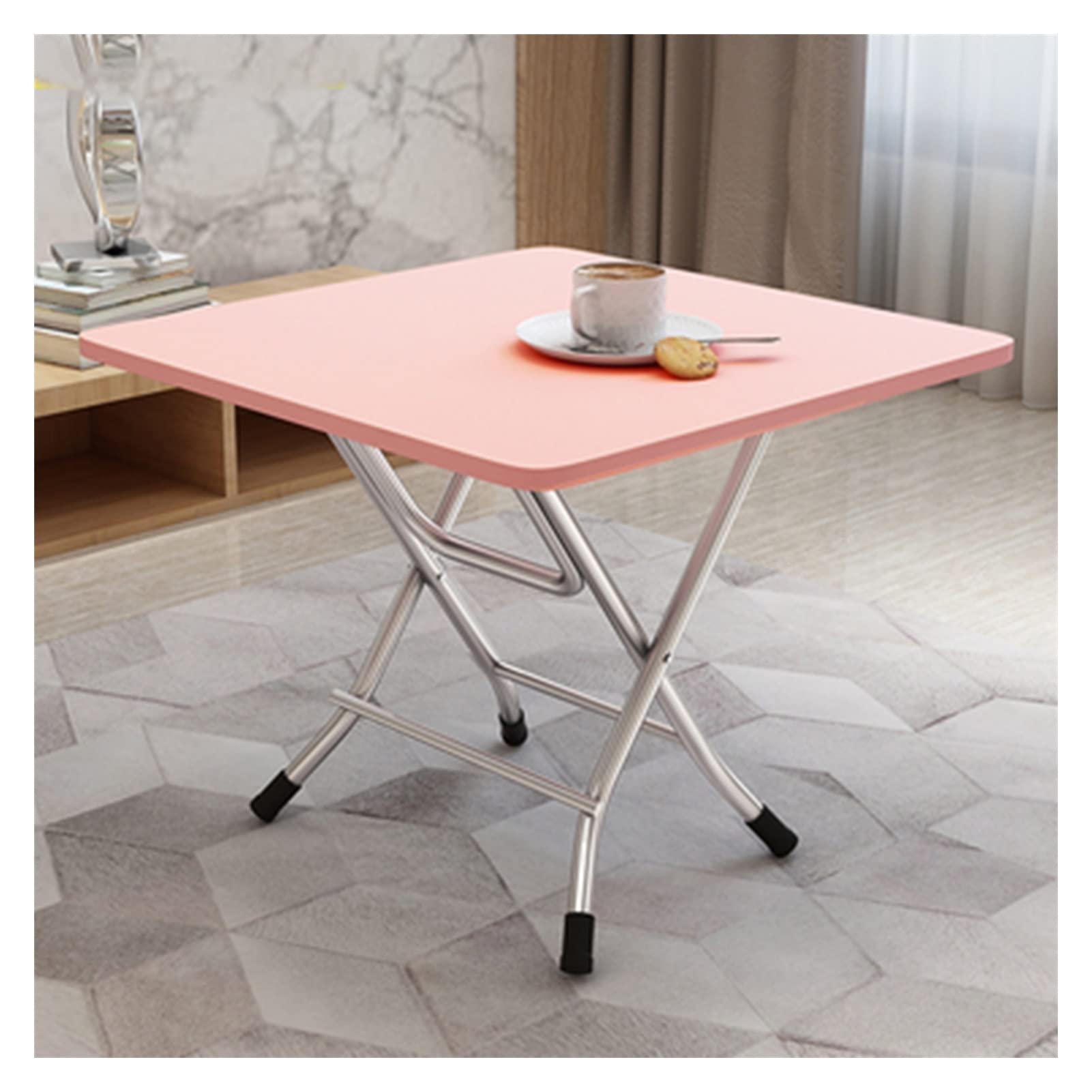 BAIYING Folding Snack Table with Luggage Rack - Natural Wood Square Laptop Desk with Galvanized Pipe Legs - Portable Camping & Dining Room Table (60x60x72cm, Pink) - Perfect for Home Office, Outdoor Picnics & Small Space Living