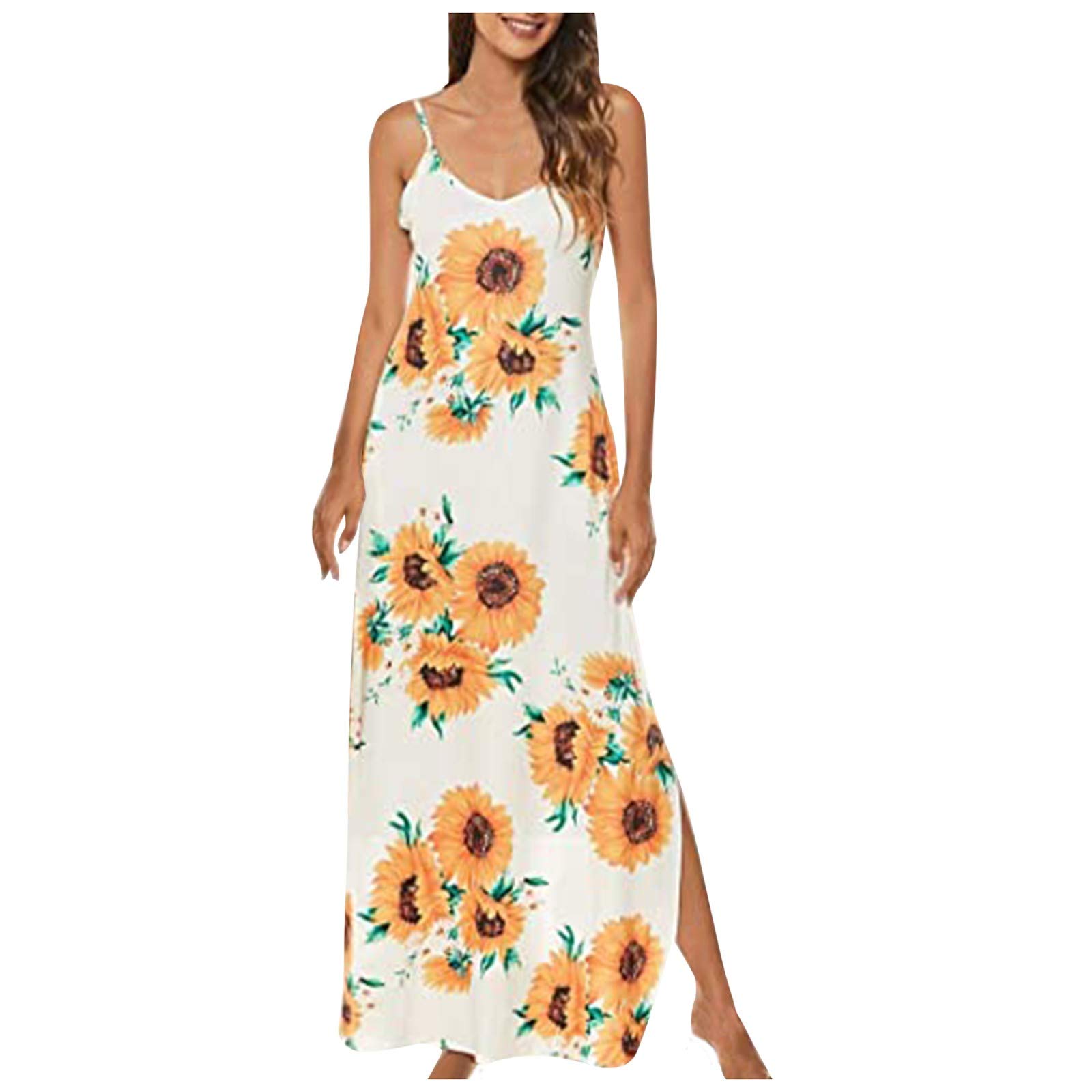 Women's Sunflower Print Suspender Dress - Casual Summer Beach Dress for Vacation, Holiday & Outdoor Activities