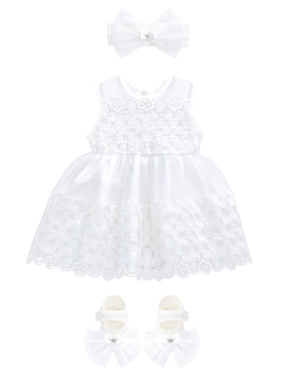 Lilax Baby Girl White Lace Tulle Sleeveless Wedding Dress 3-Piece Set - Flower Girl Outfit for Baptism, First Communion & Special Occasions