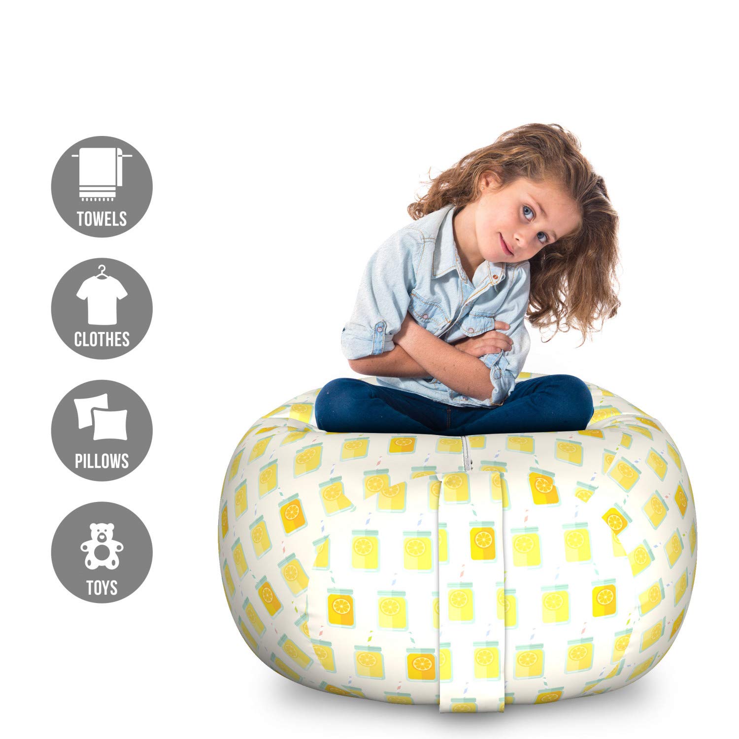 Ambesonne Large Washable Toy Storage Bag Chair - Stuffed Animal Organizer with Summer Mason Jar & Citrus Fruit Pattern (Orange/Yellow) - Perfect for Kids' Room, Playroom & Nursery Organization