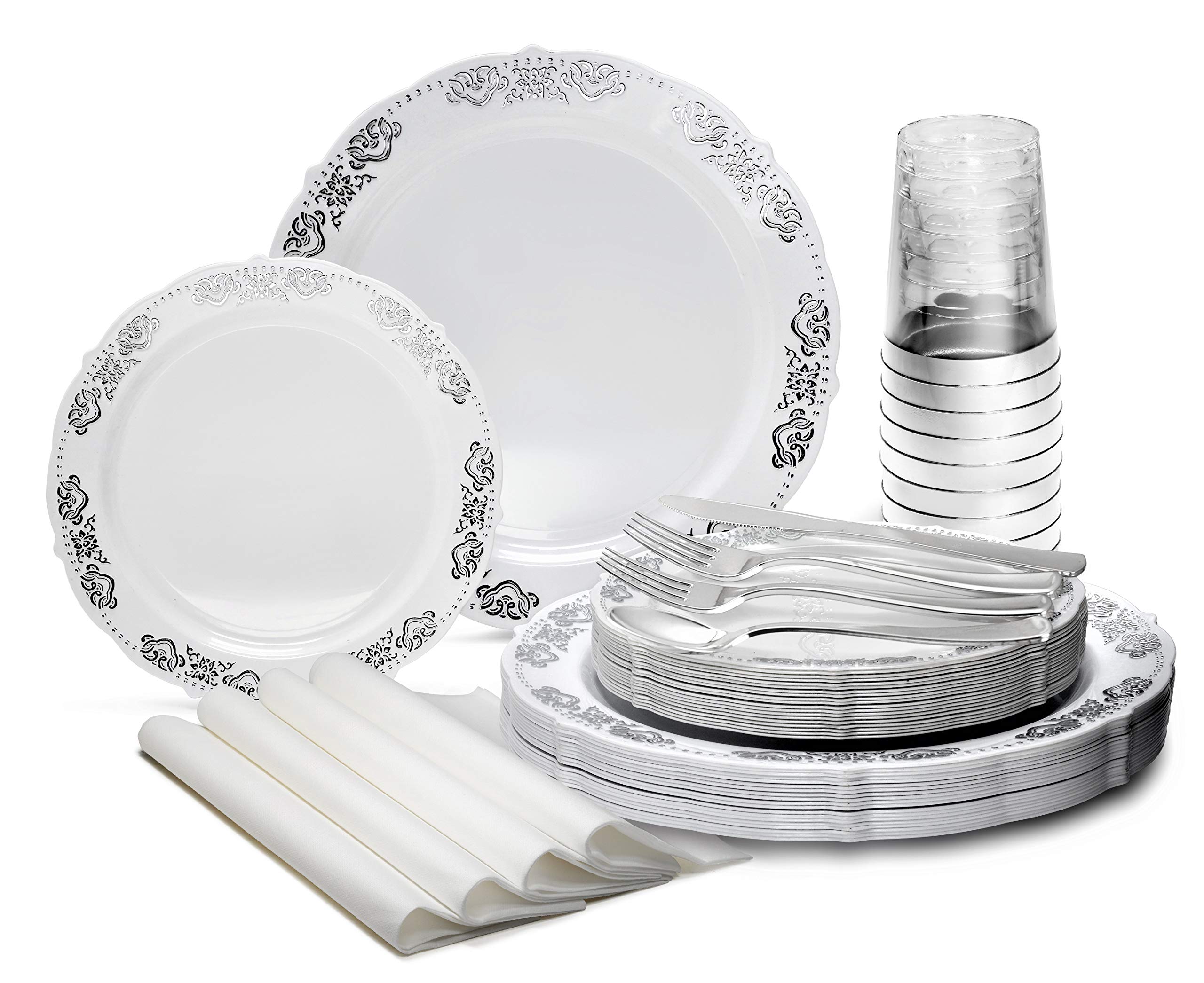 960-Piece Vintage Wedding Disposable Plastic Plate Set (120 Guests) - 10.25'' & 7.5'' Plates, Silverware, Cups, Napkins - Portofino White & Silver - Perfect for Weddings, Parties, Bridal Showers & Events