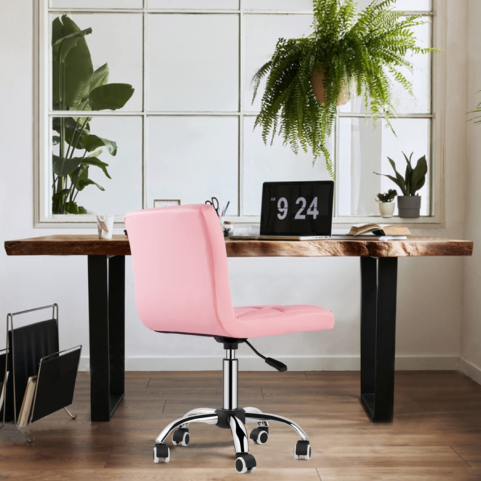 2-Pack COSVALVE Armless Low Back Swivel Office Chairs - Adjustable Task Chairs with Rolling Wheels & Diamond Pattern - Perfect for Home Office, Computer Work & Barber Shops (Pink)