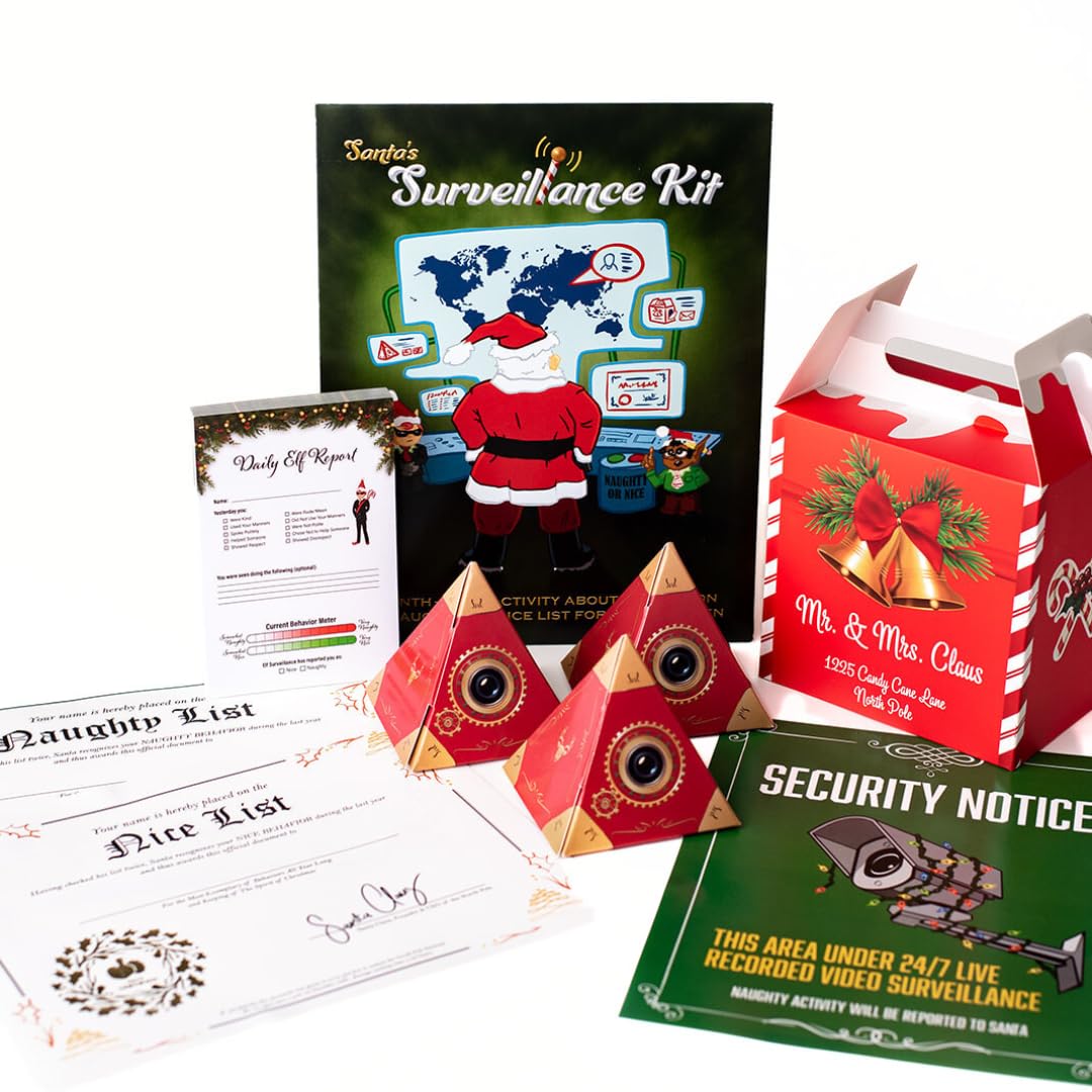 Santa's Naughty or Nice List Bundle - Personalized Santa Letter Mailbox, Elf Notes for Kids, Report Cards & Certificate with Santa Cam Lens & Surveillance Sign - Perfect for Christmas Family Traditions & Holiday Home Decor
