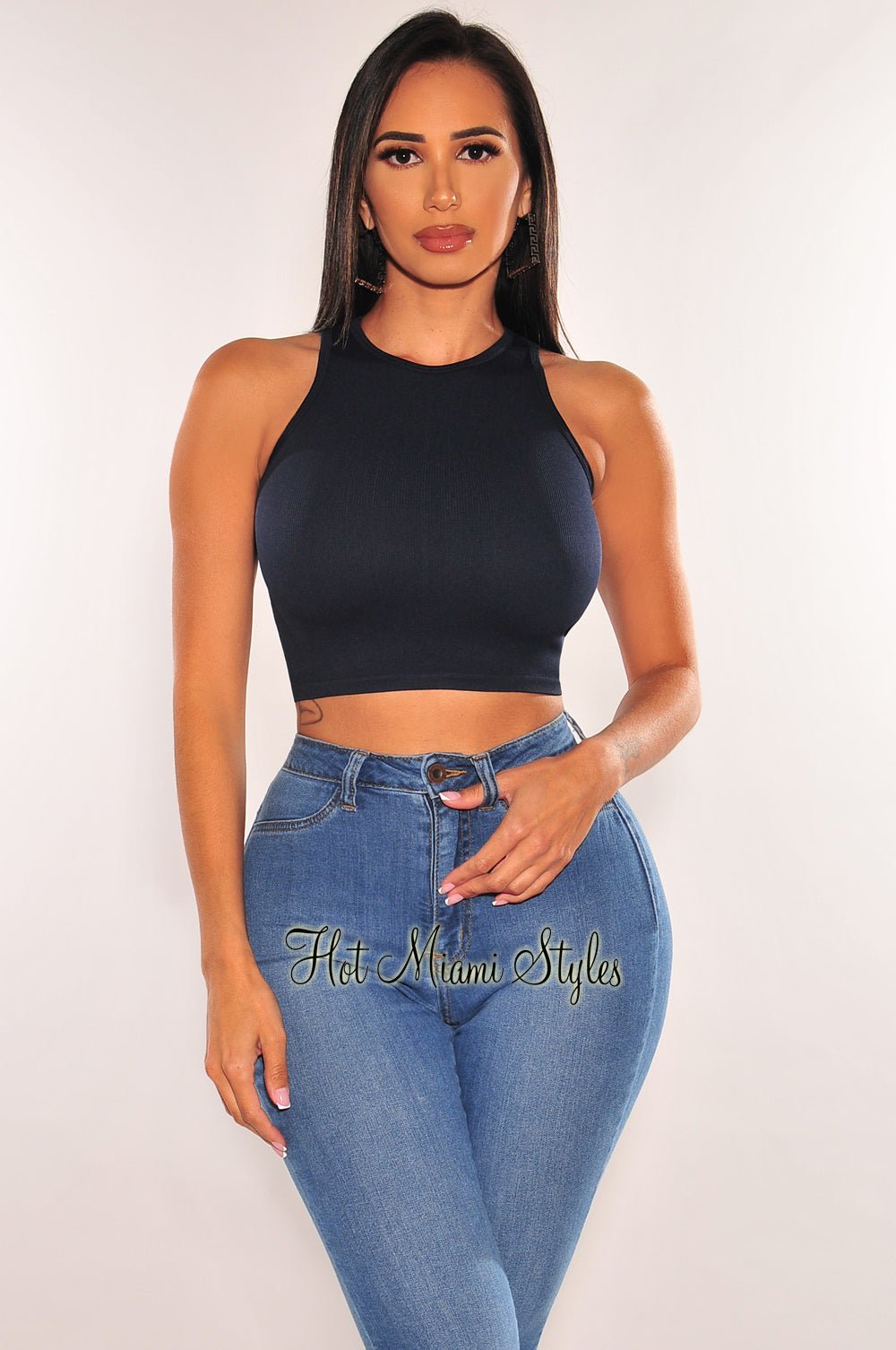 HMS ESSENTIAL: Navy Blue Ribbed Seamless Sleeveless Crop Top for Women - Perfect for Yoga, Workouts & Summer Fashion