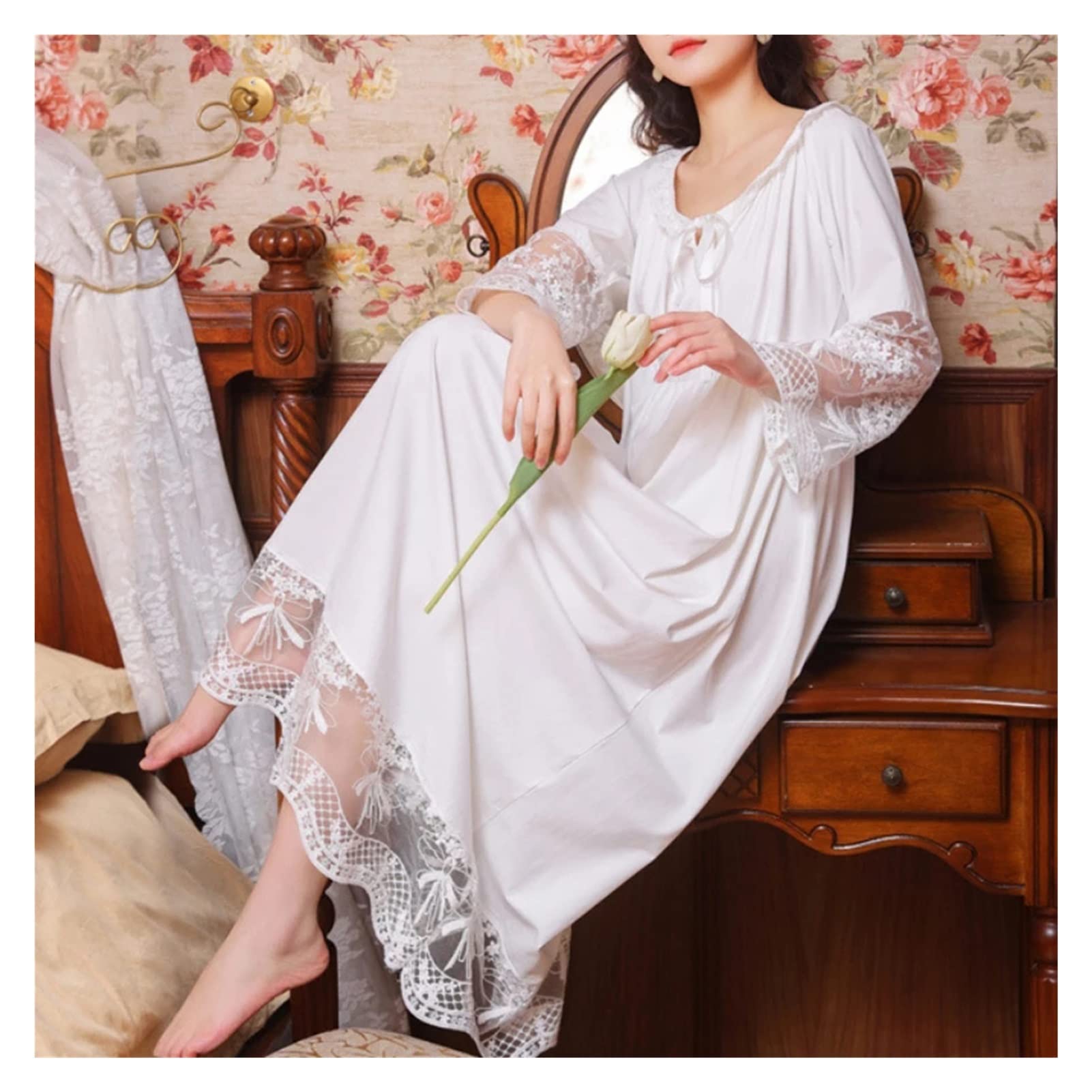 Women's Long Sleeve Embroidered Lace Cotton Pajama Set - Soft Autumn Sleepwear for Ladies (Color A, Size M) | Cozy Home Lounge Wear & Comfortable Nightwear for Relaxation