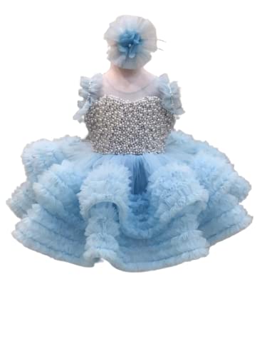 Sky Blue Baby Dress with Pearls & Diamonds - Fluffy Toddler Girl Outfit for Birthday, Holiday & Wedding - Elegant Sleeveless Floral Tutu Gown | Perfect for Special Occasions, Photoshoots & Party Wear