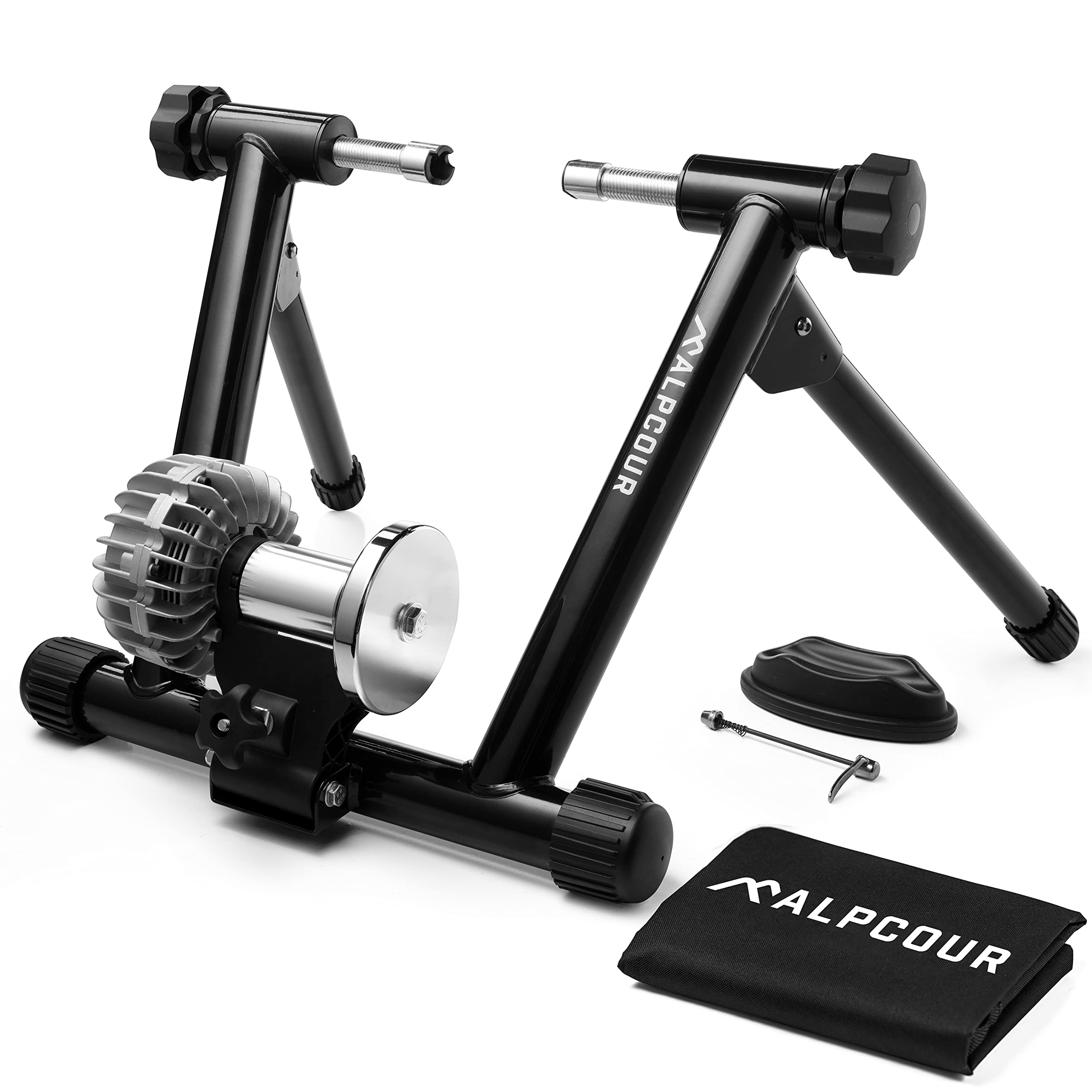 Alpcour Indoor Bike Trainer Stand - Portable Foldable Stainless Steel Exercise Bike Stand with Noise Reduction & Progressive Resistance - Dual-Lock System for Road & Mountain Bikes - Perfect for Home Workouts & Winter Cycling Training
